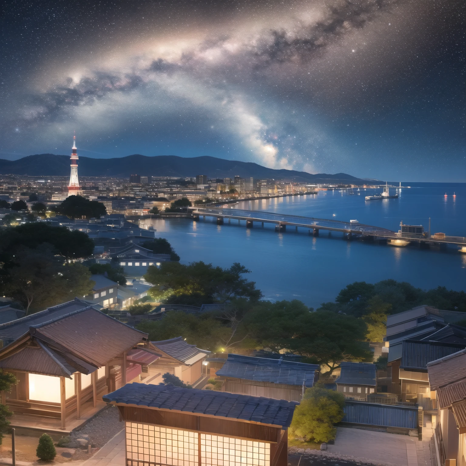 japan, ocean, harbor, night, starry sky, cat
