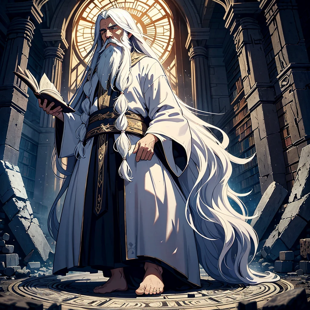 An ancient wizard with long flowing white hair and a beard, wearing ...