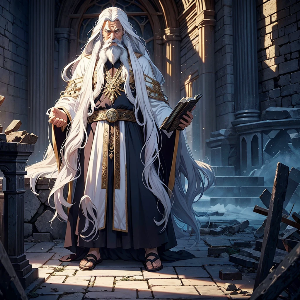 An ancient wizard with long flowing white hair and a beard, wearing intricate robes adorned with arcane symbols. He stands in a hidden library among ruins, surrounded by ancient tomes and magical artifacts, with an aura of immense wisdom and mystical power, solo, full body