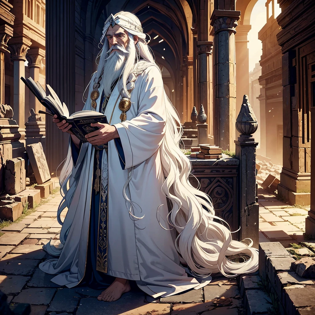 An ancient wizard with long flowing white hair and a beard, wearing intricate robes adorned with arcane symbols. He stands in a hidden library among ruins, surrounded by ancient tomes and magical artifacts, with an aura of immense wisdom and mystical power, solo, full body