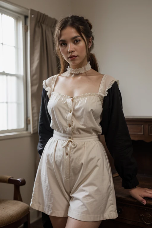 a woman who has clothes from 1848.
- Wide, black color - Medium complexion - Pearly complexion - Honey eyes - Height 1.65 m OF HERSELF BUT OLD CLOTHES