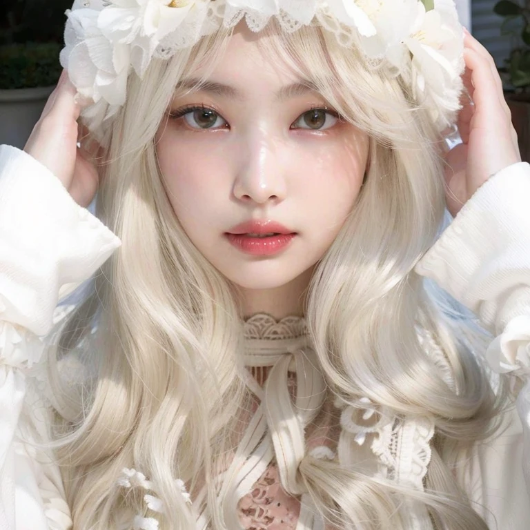 araffe girl with long blond hair wearing a white hat, with white long hair, with long white hair, Long white hair and bangs, perfect white haired girl, ulzzang, Long wavy white hair, her hair is white, with white hair, long white wavy hair, Curly white hair, whitebangs, white hime cut hairstyle