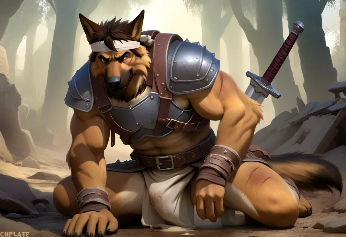 Solo Sexy anthro furry german shepherd male; ancient Mediterranean desert warrior; slim mesomorph handsome model apperance apperance; boy's messy short hair headband; sexy toned muscules; sword scars;  worn out rusty sexy skimpy armament. He has low on hips heavy leather studded heavy belt. he has narrow in the crotch very old worn out bulgy tigh jockstrap (smelly jockstrap fetish); His jockstrap it is made of old white worn out matte leather sewn together from a few pieces, it has never been washed, it is dirty and has stains from secretions of dried semen and sweat; His armor is old heavy brown harness with armlets studded with spikes; rusty old skimpy breatsplate armor,  he has old brown leather BFR Bands on Biceps and his thighs, he has old worn out fingerless leather gloves. His armor is in ruin, it is very very old and dirty, rusted, dirty, old worn out, rusty breastplate. Even though he is a handsome and sexy man, he has a sloppy appearance, has disheveled unwashed dirty fur, dirty body look. he smells, he has stains from old blood, dirst, cum, mud, smelly furr, disgusting bastard looking. He stands proudly bravely in the Mediterranean sunny pine forest; he stands upright, furious, with his sword raised in a ready-to-fight position, he holds a sword in his right paw, ready for incoming fight; he has a proud, threatening and defiant expression on his face, with little dirty dangerous smile;  he has narrow in the crotch very old worn out bulgy tigh jockstrap (smelly jockstrap fetish); His jockstrap it is made of old white worn out matte leather sewn together from a few pieces, it has never been washed, it is dirty and has stains from secretions of dried semen and sweat;, he has narrow in the crotch very old worn out bulgy tigh jockstrap (smelly jockstrap fetish); 