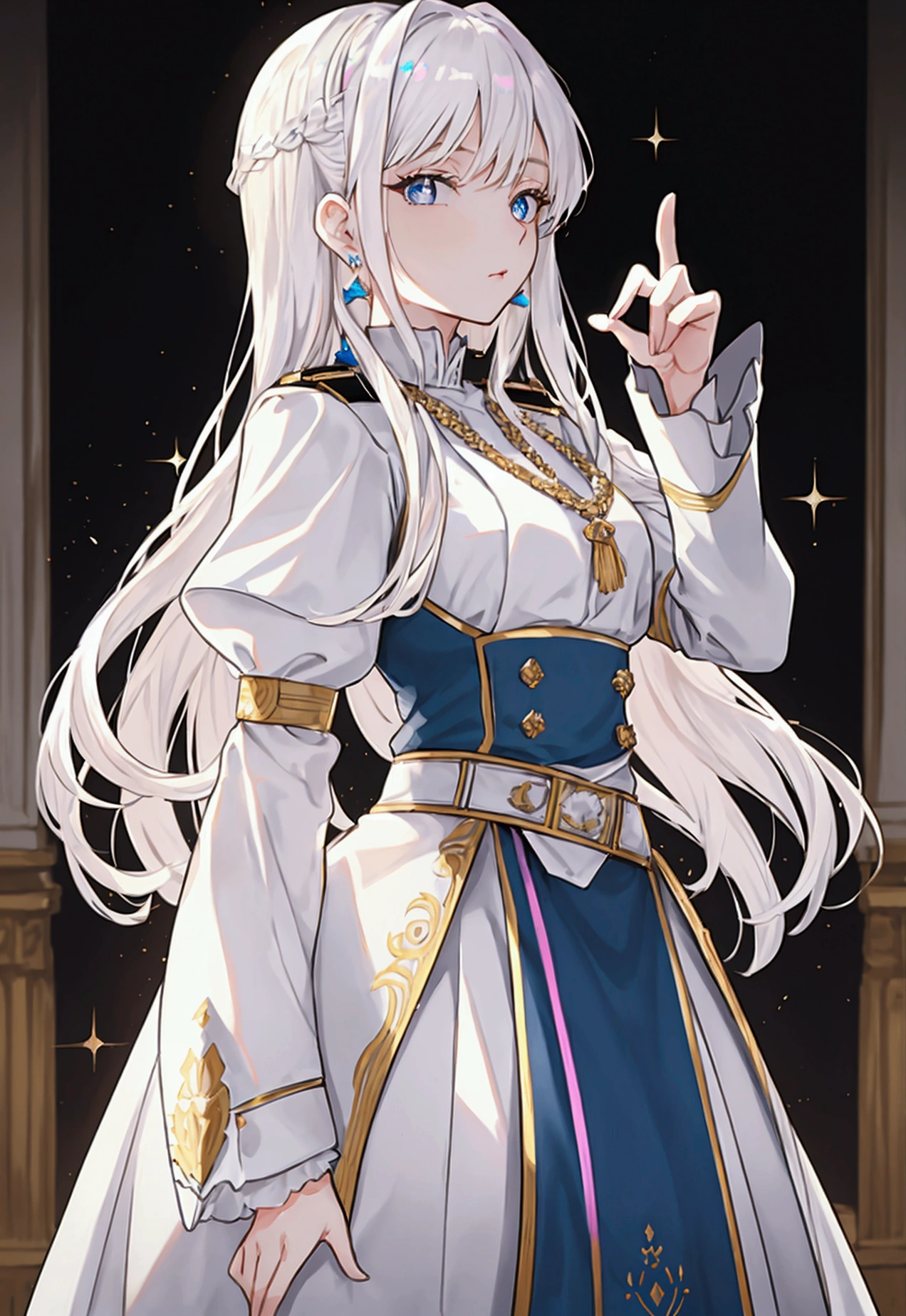 Victorian era, Military uniform, noble clothes, 1woman, queen, solo, medium shot, palace background, iridescent eyes, blond hair, glowing hair, (iridescent white hair), earrings, jewelry, blue eyes, blurry background, blurry, hair ornament, looking at viewer, white glove, long hair, straight hair,