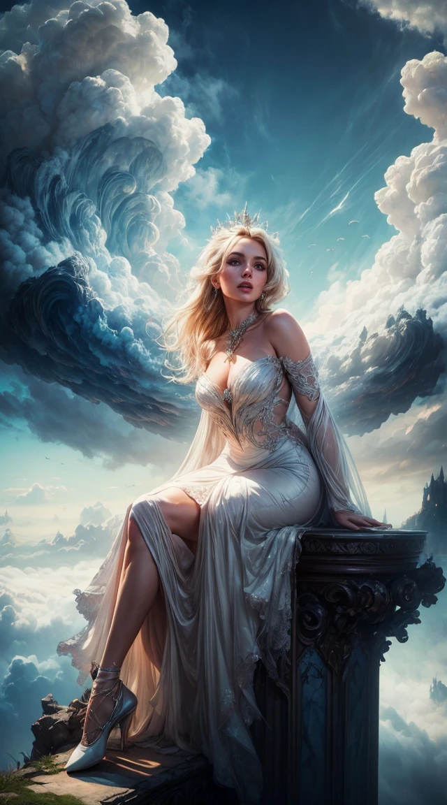 Britney Spears in a white dress sitting on a staircase, an image inspired by andrey ryabovichev, CGSOCIETY contest winner, artistic photography, cloud goddess, Fantasy Photography, over the clouds, artistic fashion photography, inspired by cg society, Marcos Adams, in the fairyland of white clouds, in the fairyland of white clouds, haute couture photography