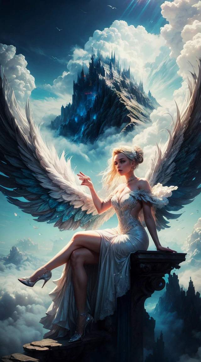 Britney Spears in a white dress sitting on a staircase, an image inspired by andrey ryabovichev, CGSOCIETY contest winner, artistic photography, cloud goddess, Fantasy Photography, over the clouds, artistic fashion photography, inspired by cg society, Marcos Adams, in the fairyland of white clouds, in the fairyland of white clouds, haute couture photography
