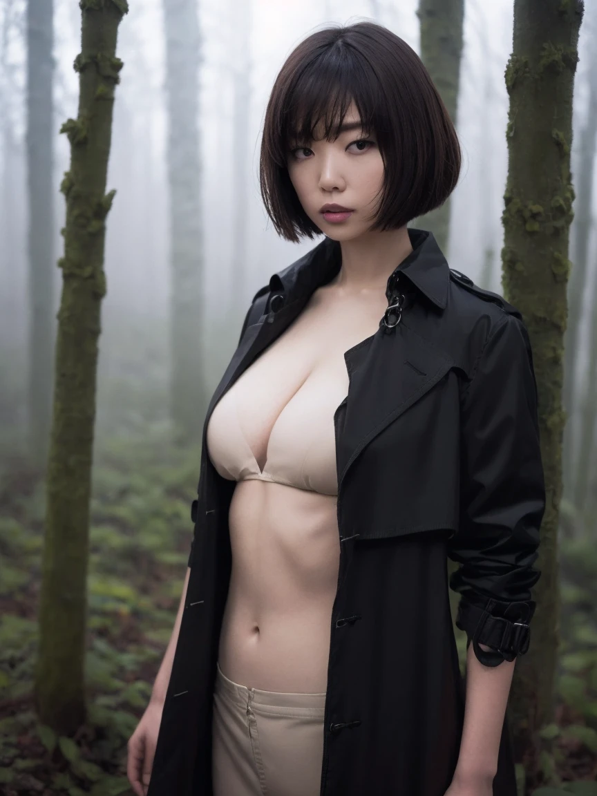 (Black trench coat), (high quality), (Upper Body Shot), One Girl, Bobcut, Forest in the fog, mysterious, silence, Cold air, nature, Thick Fog, dramatic, Fantasy, Tranquility, mysterious, wood々Shadow of