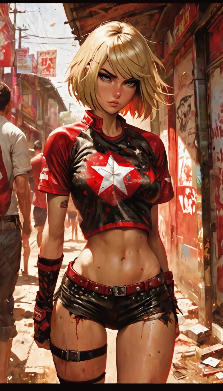 (((woman))), (((best quality))), (((first job))), (((adult))), (((1 girl))), (((bob cut)) ) ), tiny leather panties, torn rugby shirt, nearly naked in wild Simon Bisley street style, short blonde hair, minimal clothing, metal protection on left arm with intricate graphics. , faded red with red stars, communist, and red and white paisley, armor painted with aggressive graphics, full of spikes and rivets, (((from the knee up))), I didn't finance a wall painted by Shepard Fairey with an intricate design, art inspired by Bill Sienkiewicz
