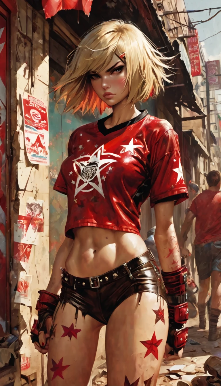 (((woman))), (((best quality))), (((first job))), (((adult))), (((1 girl))), (((bob cut)) ) ), tiny leather panties, torn rugby shirt, nearly naked in wild Simon Bisley street style, short blonde hair, minimal clothing, metal protection on left arm with intricate graphics. , faded red with red stars, communist, and red and white paisley, armor painted with aggressive graphics, full of spikes and rivets, (((from the knee up))), I didn't finance a wall painted by Shepard Fairey with an intricate design, art inspired by Bill Sienkiewicz