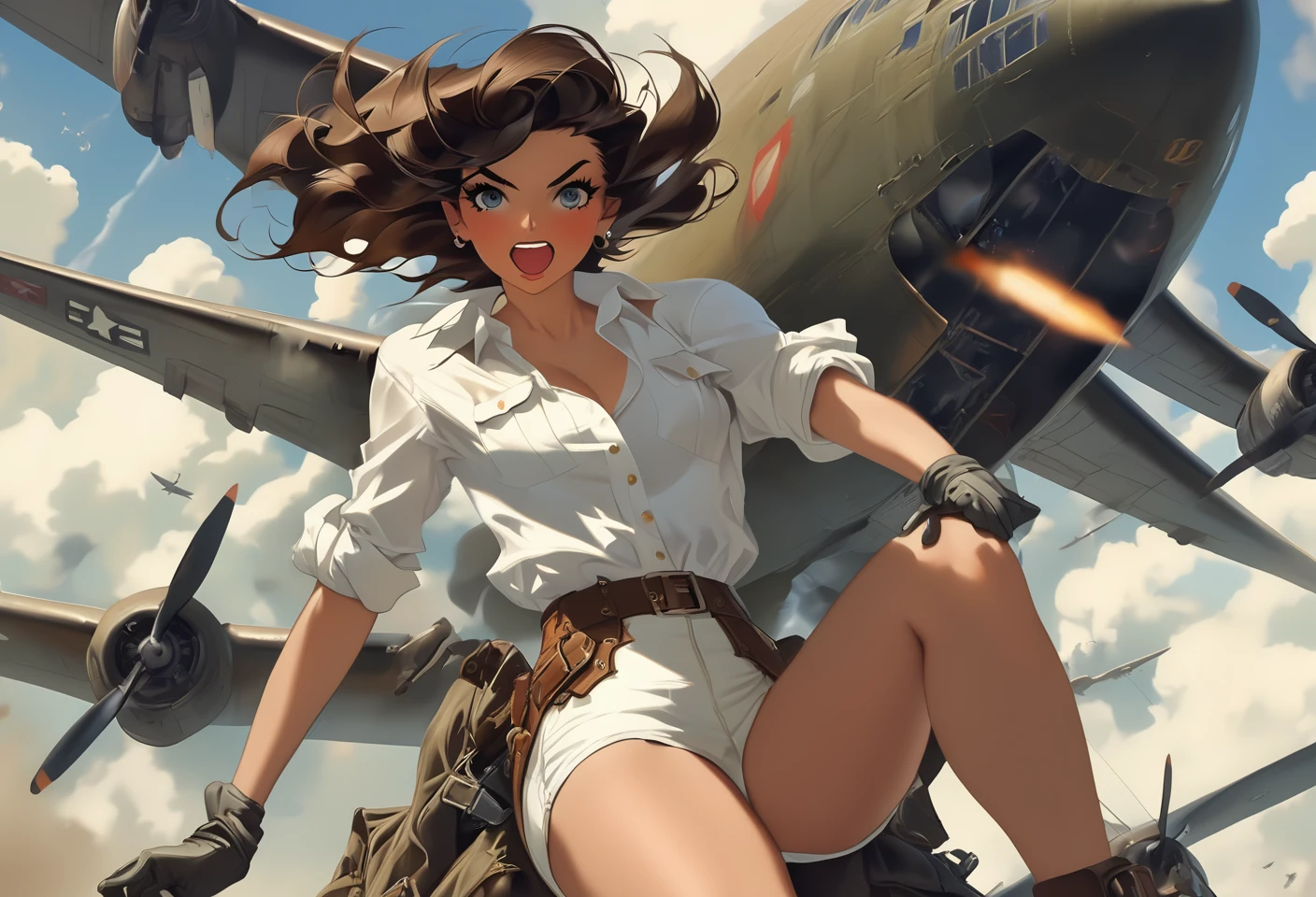 A striking and surreal image of a fearless cowgirl in white short shorts, riding a massive nuclear bomb as it is being dropped from a vintage bomber plane. The cowgirl holds onto the bomb with a determined expression, her hair flowing in the wind. The bomber plane is shown in the background, with its engines roaring and propellers spinning. The overall atmosphere of the image is a mix of nostalgia, danger, and defiance, with a touch of dark humor.