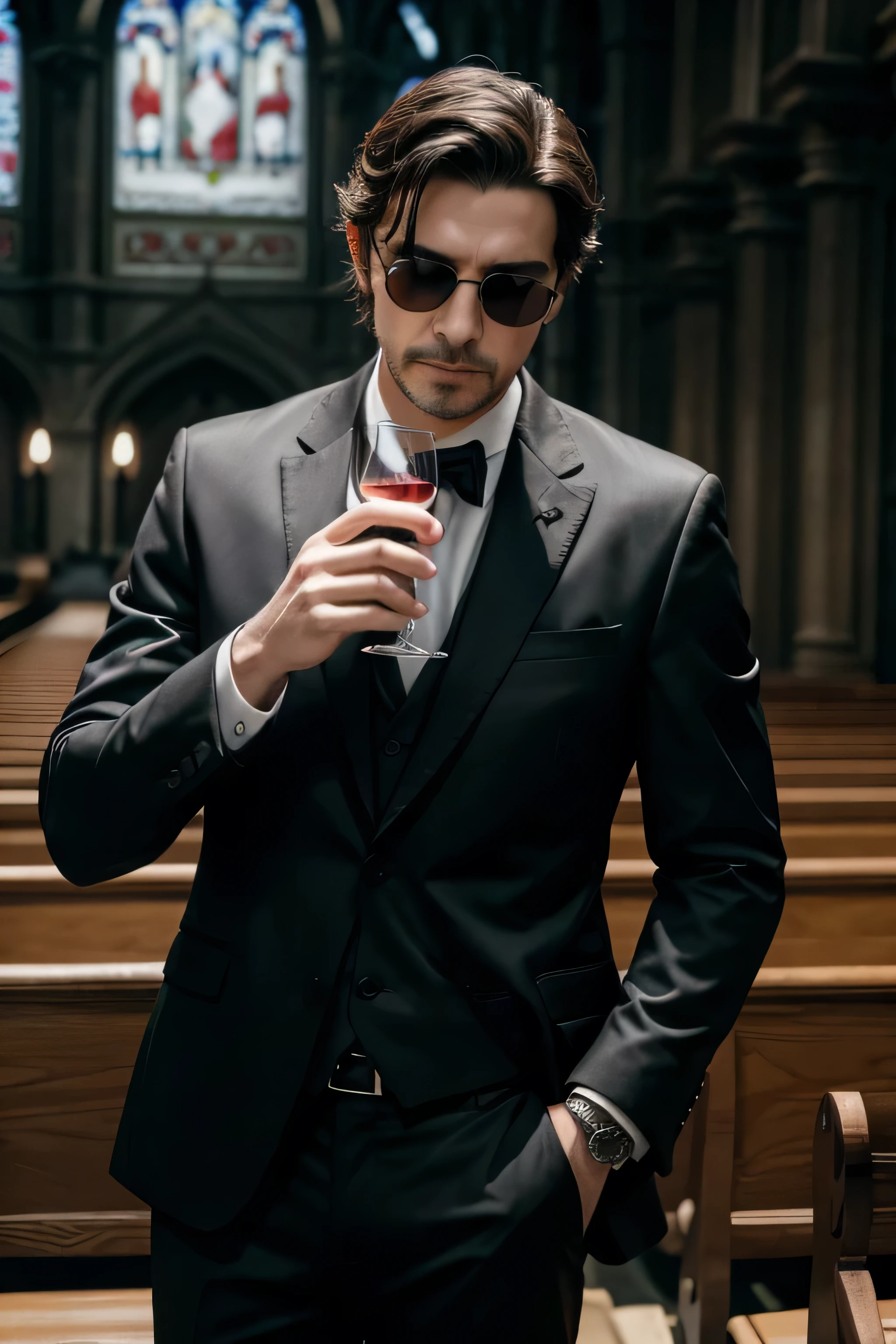1 father,Black Suit, drinking wine,with dark glasses,church background 