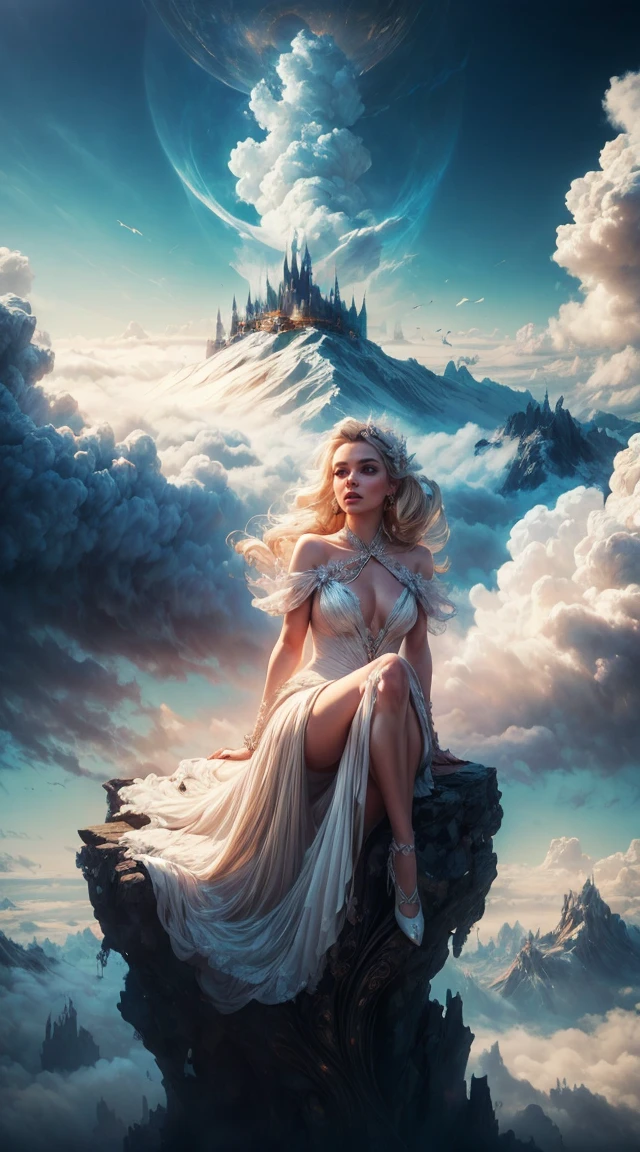Britney Spears in a white dress sitting on a staircase, an image inspired by andrey ryabovichev, CGSOCIETY contest winner, artistic photography, cloud goddess, Fantasy Photography, over the clouds, artistic fashion photography, inspired by cg society, Marcos Adams, in the fairyland of white clouds, in the fairyland of white clouds, haute couture photography