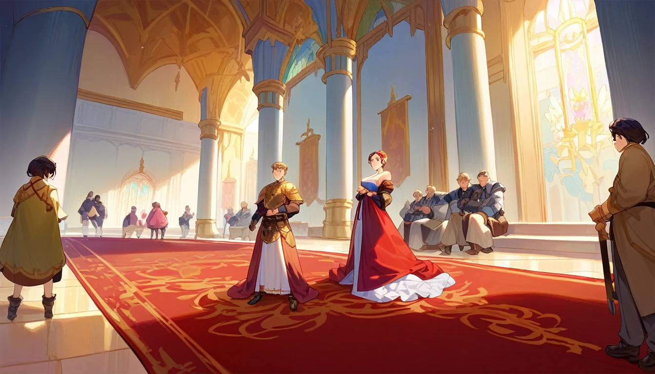 game title, score_9, score_8_up, score_7_up, In a royal palace with a red carpet, there are many high school students, surrounded by the king and his guards.