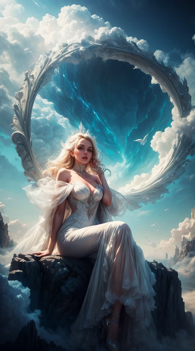 Britney Spears in a white dress sitting on a staircase, an image inspired by andrey ryabovichev, CGSOCIETY contest winner, artistic photography, cloud goddess, Fantasy Photography, over the clouds, artistic fashion photography, inspired by cg society, Marcos Adams, in the fairyland of white clouds, in the fairyland of white clouds, haute couture photography
