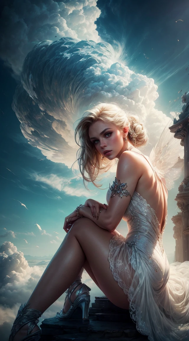 Britney Spears in a white dress sitting on a staircase, an image inspired by andrey ryabovichev, CGSOCIETY contest winner, artistic photography, cloud goddess, Fantasy Photography, over the clouds, artistic fashion photography, inspired by cg society, Marcos Adams, in the fairyland of white clouds, in the fairyland of white clouds, haute couture photography