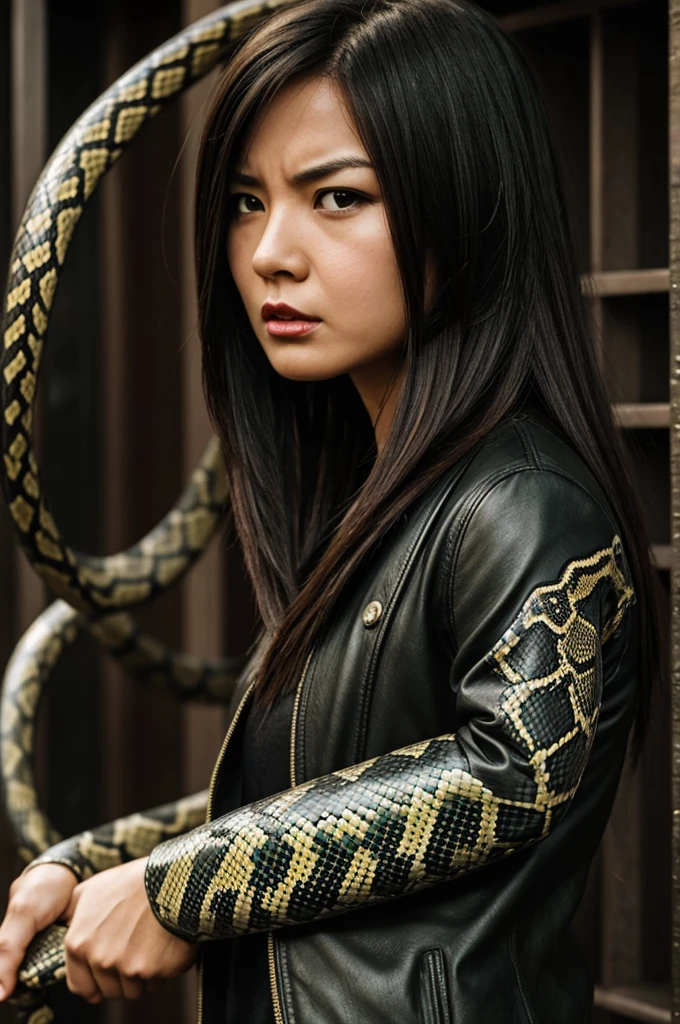 A girl with medium length hair with a snake face. Looks funny but angry. 