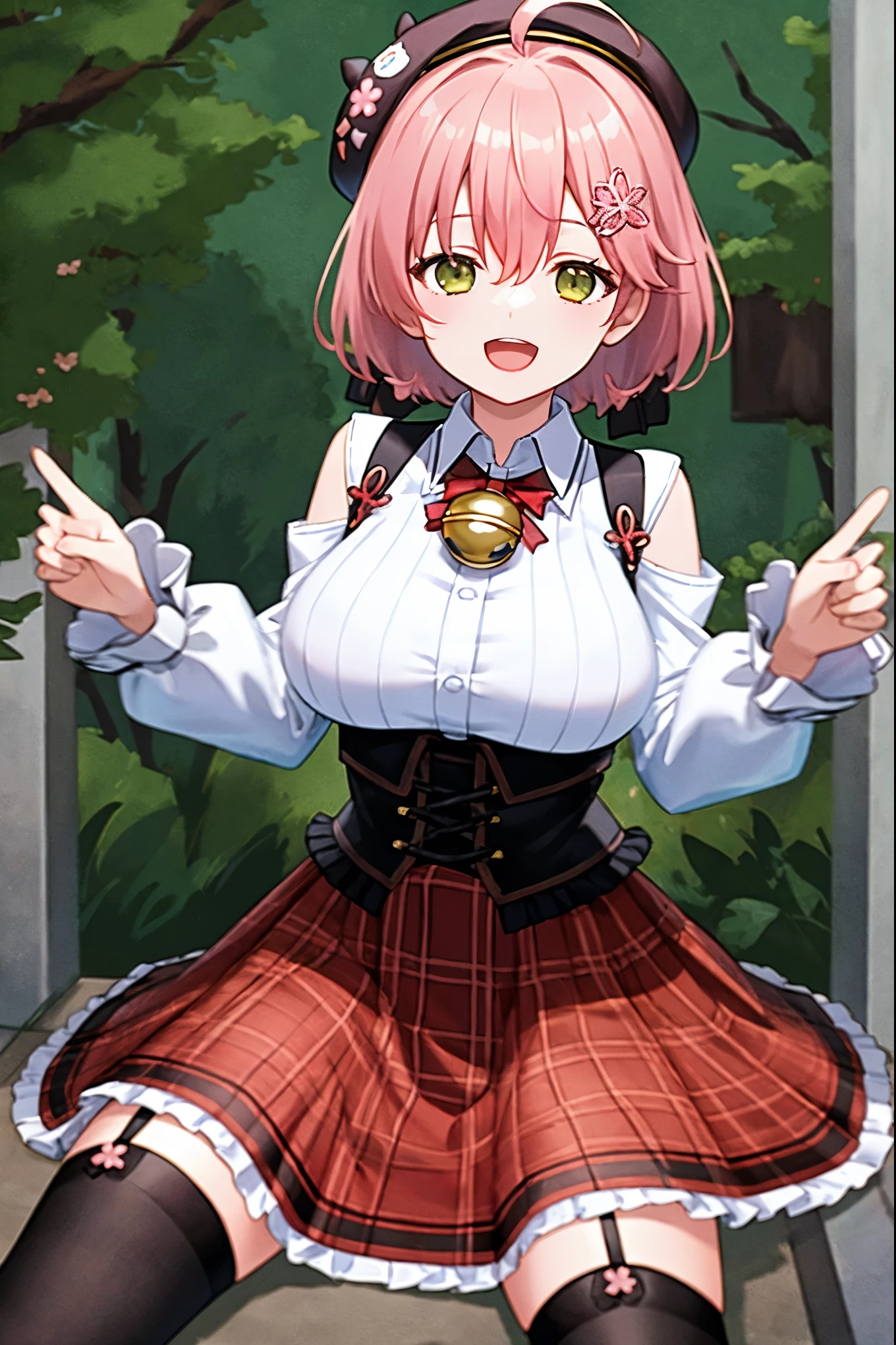 masutepiece, Best_Quality, hight_resolution, miko2,Ponytail, 1girl, Ahoge, black headwear, Hair Ornament, White shirt, black thighhighs, Pink hair, Red_skirt, very_short_skirt, plaid skirts, garter_strap, Collared shirt, hair clips, frilld, Bangs, hair between eye, frills skirt, beret, Pleated skirt, Hair Flower, Neck bell, , puffy long sleeves, Black bow, Underbust, Cowboy Shot,Smile, (large_breasts:1.3),covered_nipples, covered_pussy,green_eyes, happy, childlike_posing,spread_legs,(big_smile:1.2),plump,open_mouth,shout,half_eyes,cherryblossom_park_background,