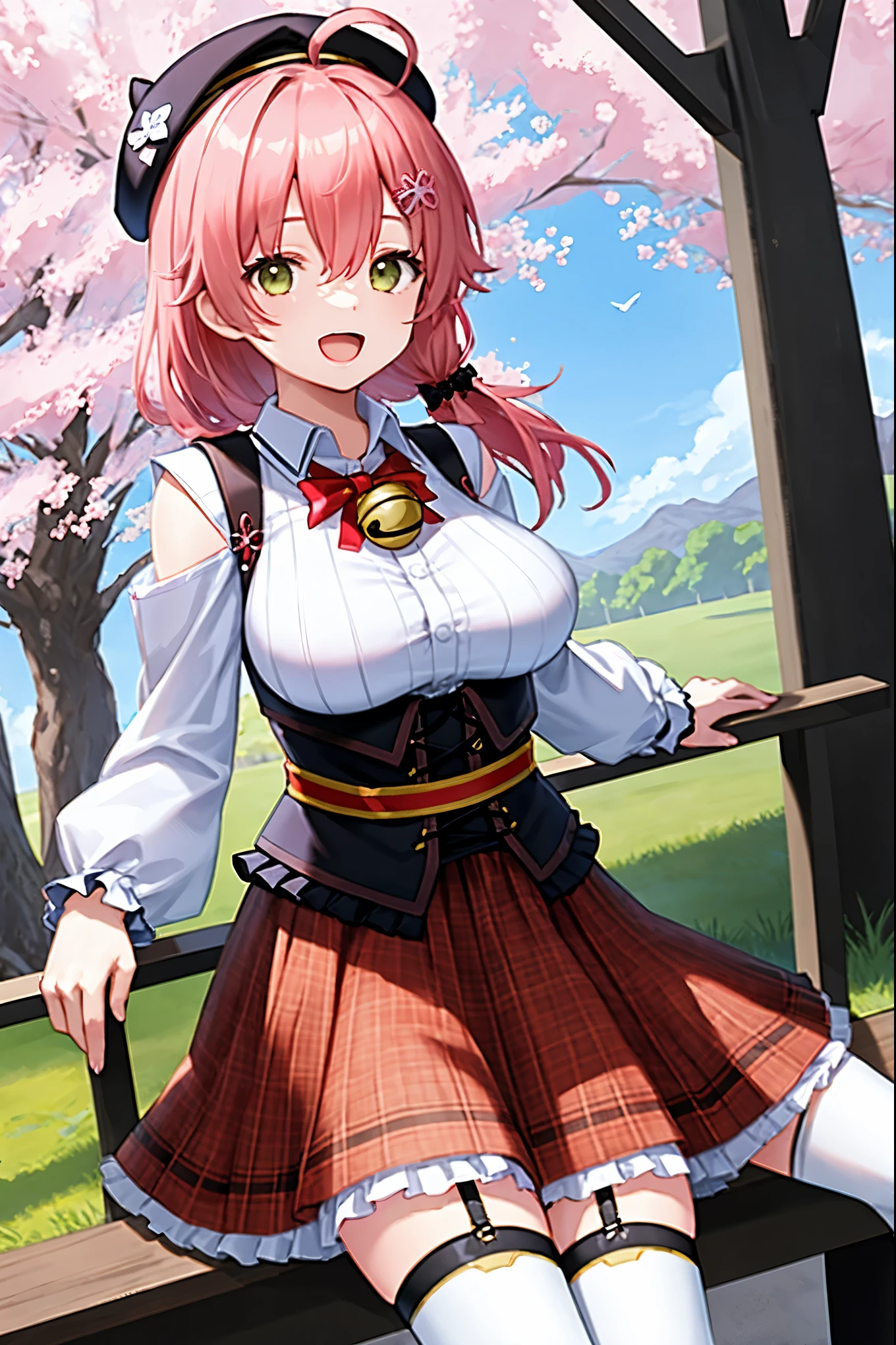 masutepiece, Best_Quality, hight_resolution, miko2,Ponytail, 1girl, Ahoge, black headwear, Hair Ornament, White shirt, black thighhighs, Pink hair, Red_skirt, very_short_skirt, plaid skirts, garter_strap, Collared shirt, hair clips, frilld, Bangs, hair between eye, frills skirt, beret, Pleated skirt, Hair Flower, Neck bell, , puffy long sleeves, Black bow, Underbust, Smile, (large_breasts:1.3),covered_nipples, green_eyes, happy, dynamic_angle,spread_legs,(big_smile:1.2),plump,open_mouth,shout,half_eyes,cherryblossom_park_landscape_background,
