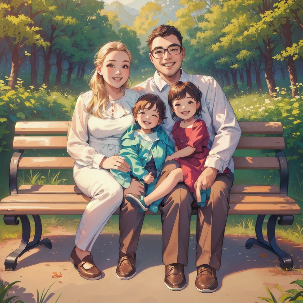 family sitting in a bench, forest background, cute, 4 members, 1baby, 1kid, couple, women wears a cute outfit, smile, man wears glasses and a elegant outfit,