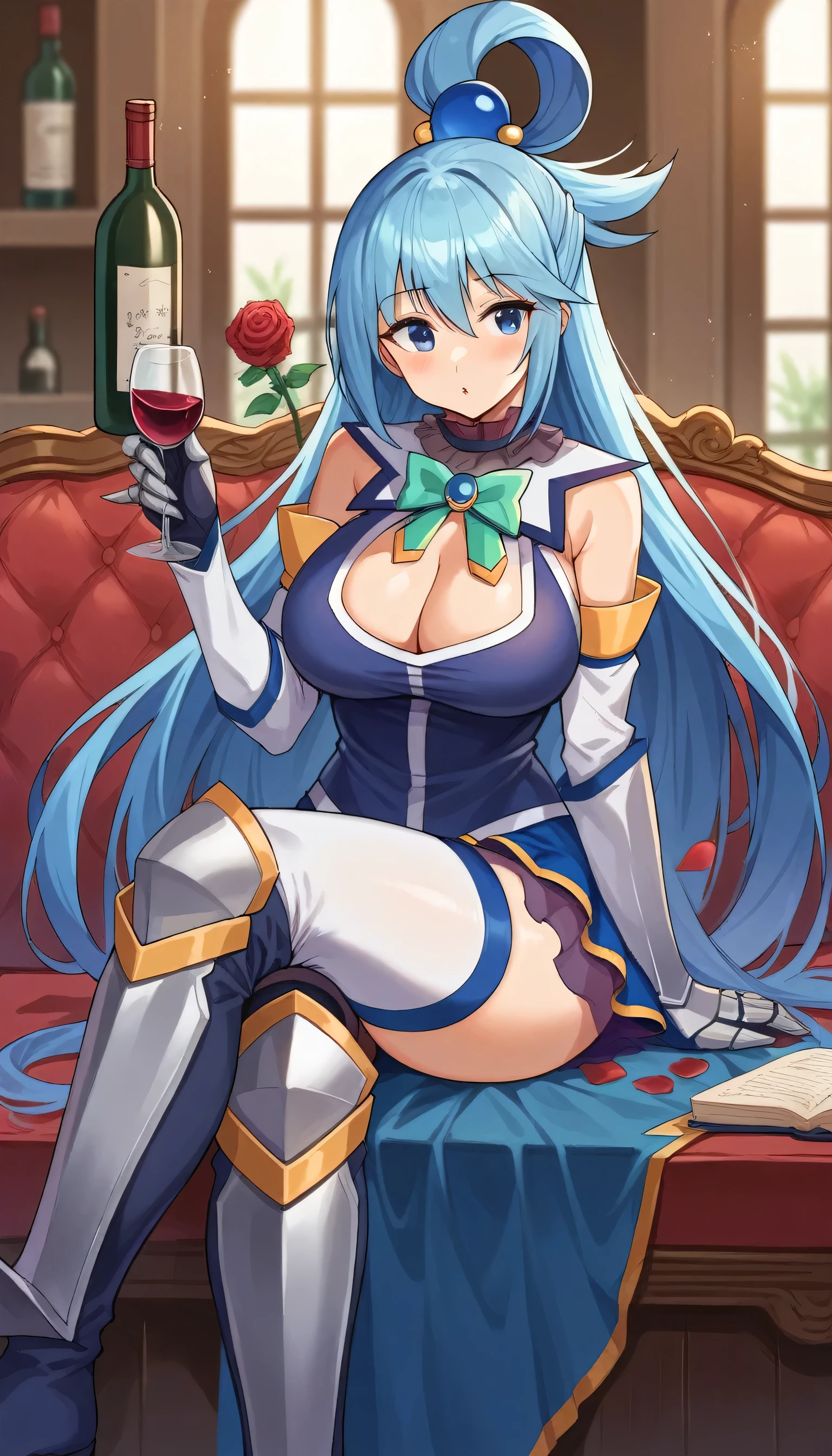 blue rose, blue flower, rose, flower, cup, bottle, breasts, 1girl, purple rose, drinking glass, red rose, pink rose, wine glass, thighhighs, sitting, (crossed legs), (cleavage, armor), (gauntlets), indoors, petals, purple flower, yellow rose, rose petals, large breasts, solo, greaves, wine bottle, alcohol, vase, boots, blue bow, wine, dress, gloves, book, holding, blurry, bangs, jewelry, depth of field, eyebrows visible through hair, aqua \(konosuba\), long hair, hair ornament, very long hair, hair rings, hair bobbles, single hair ring, blue hair, blue eyes