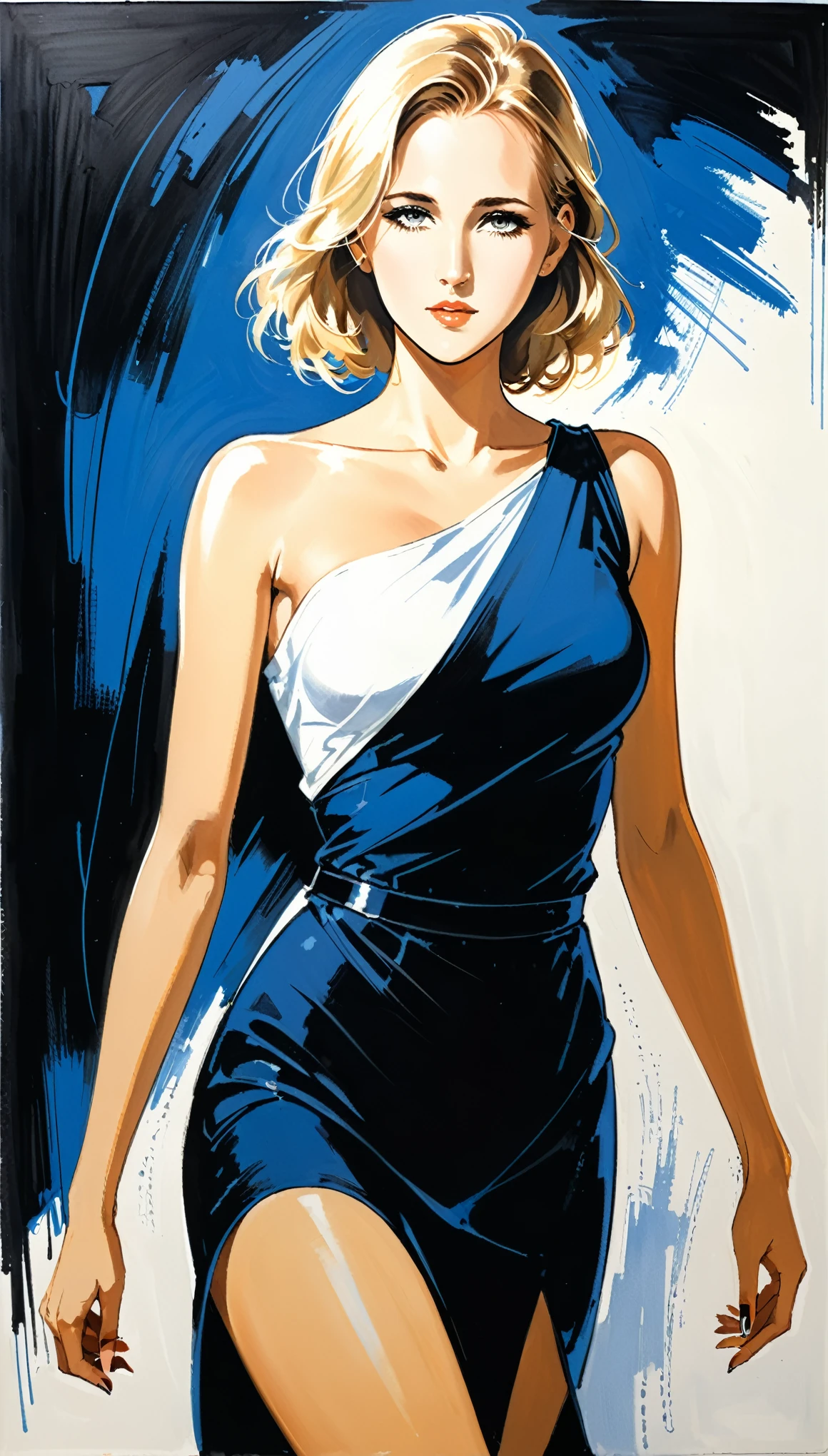 A graphic novel illustration of Female figure, flowing dress, geometric background, reminiscent of Tamara de Lempicka's style <lora:Graphic_Novel_Illustration-000007>