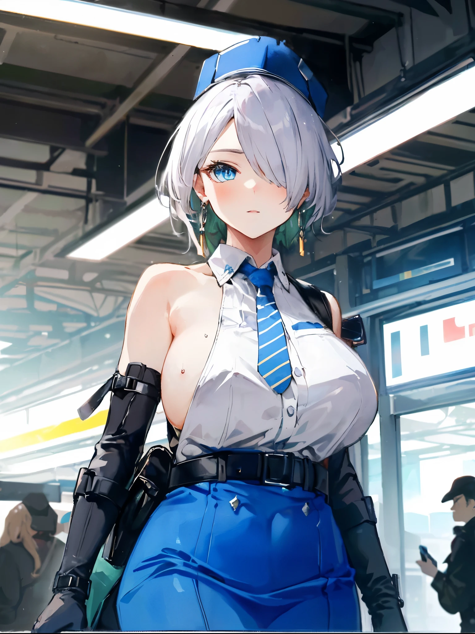 (masterpiece, best quality, ultra detailed, absurdres:1.5), 1girl, (sexy, beautiful woman, perfect face, perfect eyes, perfect female body, large breasts:1.5), (nikkebrid, white hair, low ponytail, hair over one eye, earrings, garrison cap, sleeveless shirt, long skirt, blue necktie, belt pouch, elbow gloves, high heel boots, ), (standing, indoors, train station), perfect lighting, smooth, hdr