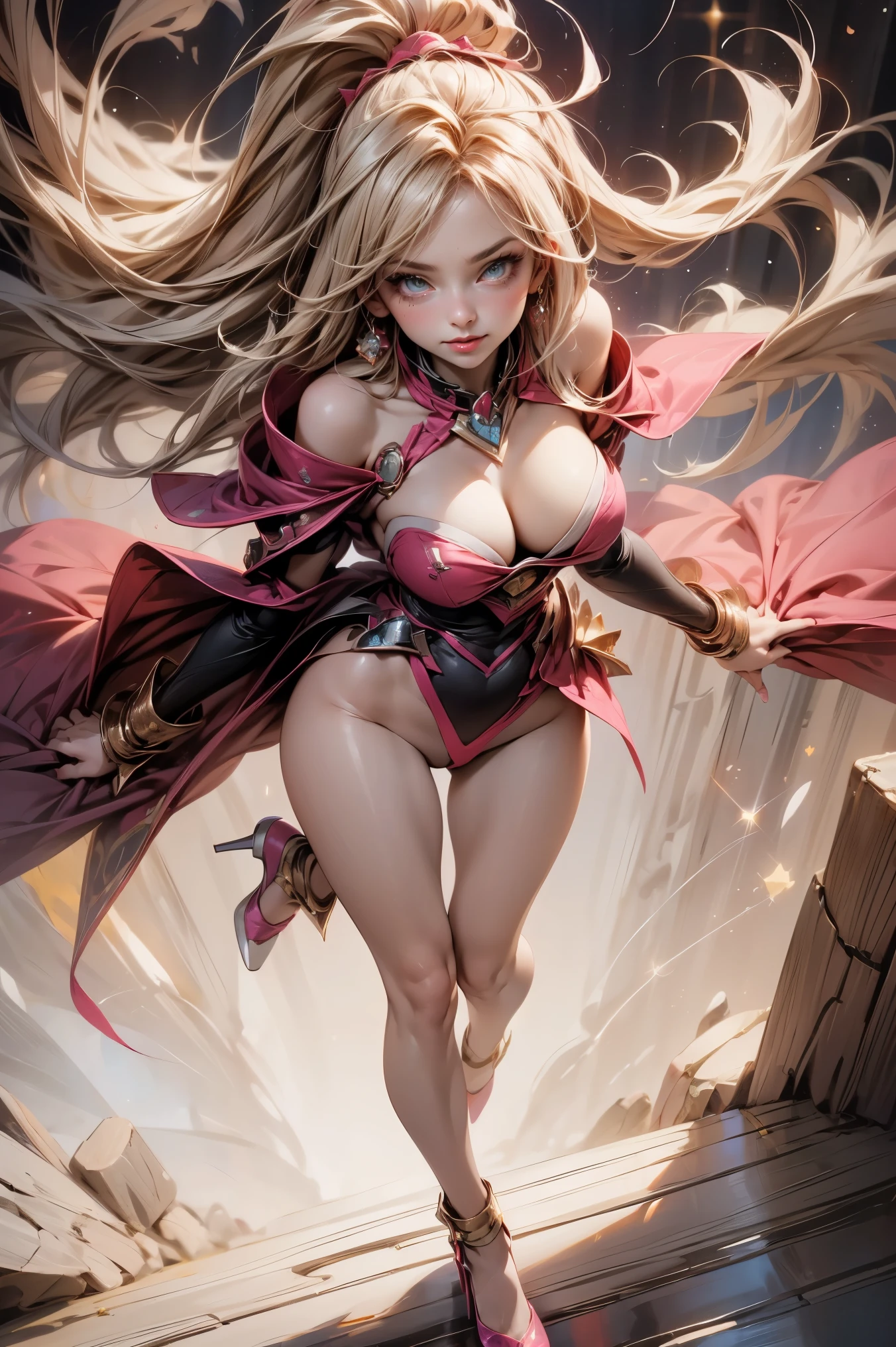 (masterpiece:1.2), (The best quality:1.2), perfect lighting, Dark Magician Girl casting a spell, in battle. floating in the air, visible tits. she is naked .from above, Sparkles, Yugioh game, The magic of the heart. LIGHTS OF THE HEART, romantic heart. She wears gold heels. In heels. heels