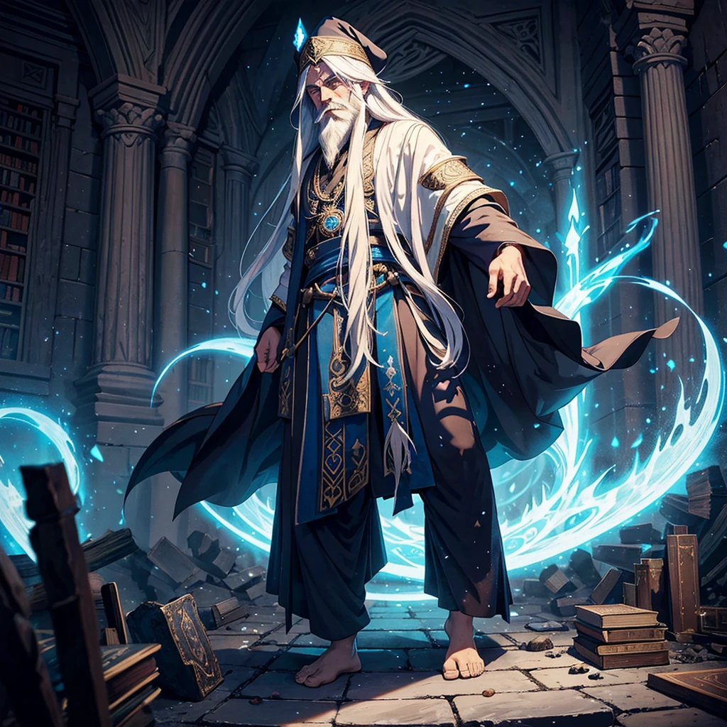 An young wizard with long flowing white hair and a beard, wearing intricate robes adorned with arcane symbols, wearing a blue pointy wizard hat adorned with runes. He stands in a hidden library among ruins, surrounded by ancient tomes and magical artifacts, with an aura of immense wisdom and mystical power, solo, full body, a giant black dragon in background