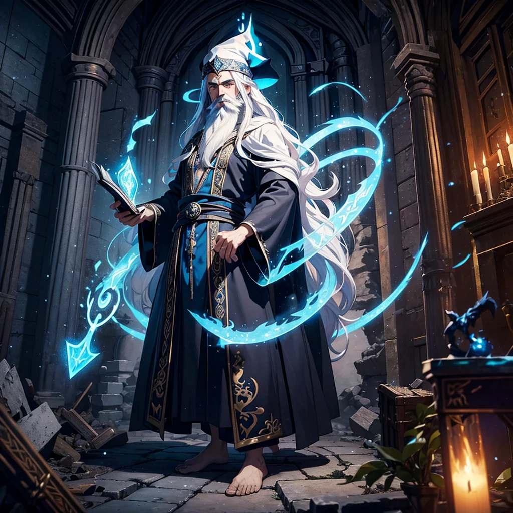 An young wizard with long flowing white hair and a beard, wearing intricate robes adorned with arcane symbols, wearing a blue pointy wizard hat adorned with runes. He stands in a hidden library among ruins, surrounded by ancient tomes and magical artifacts, with an aura of immense wisdom and mystical power, solo, full body, a giant black dragon in background