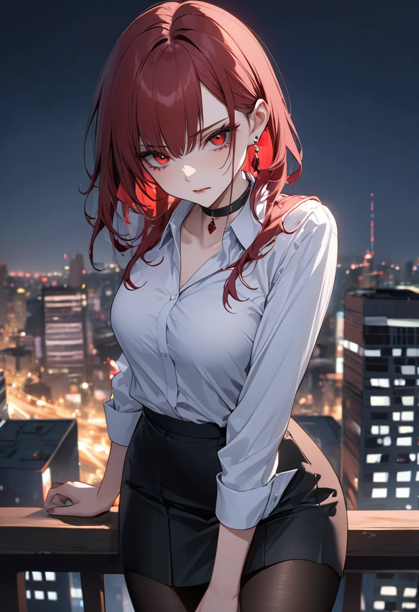 best quality, super_delicate, ultra detailed, beautiful, 8k , 1girl, red eyes, evil, business shirt, skirt, earrings, choker, black tights, night, AissistXLv2