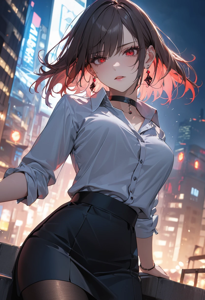 best quality, super_delicate, ultra detailed, beautiful, 8k , 1girl, red eyes, evil, business shirt, skirt, earrings, choker, black tights, night, AissistXLv2