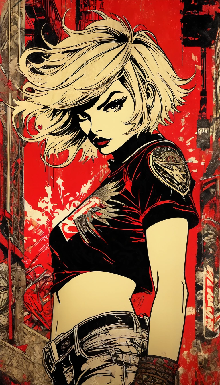 (((woman))), (((best quality))), (((first job))), (((adult))), (((1 girl))), (((bob cut)) ) ), tiny leather panties, torn rugby shirt, nearly naked in wild Simon Bisley street style, short blonde hair, minimal clothing, metal protection on left arm with intricate graphics. , faded red with red stars, communist, and red and white paisley, armor painted with aggressive graphics, full of spikes and rivets, (((from the knee up))), I didn't finance a wall painted by Shepard Fairey with an intricate design, art inspired by Bill Sienkiewicz
