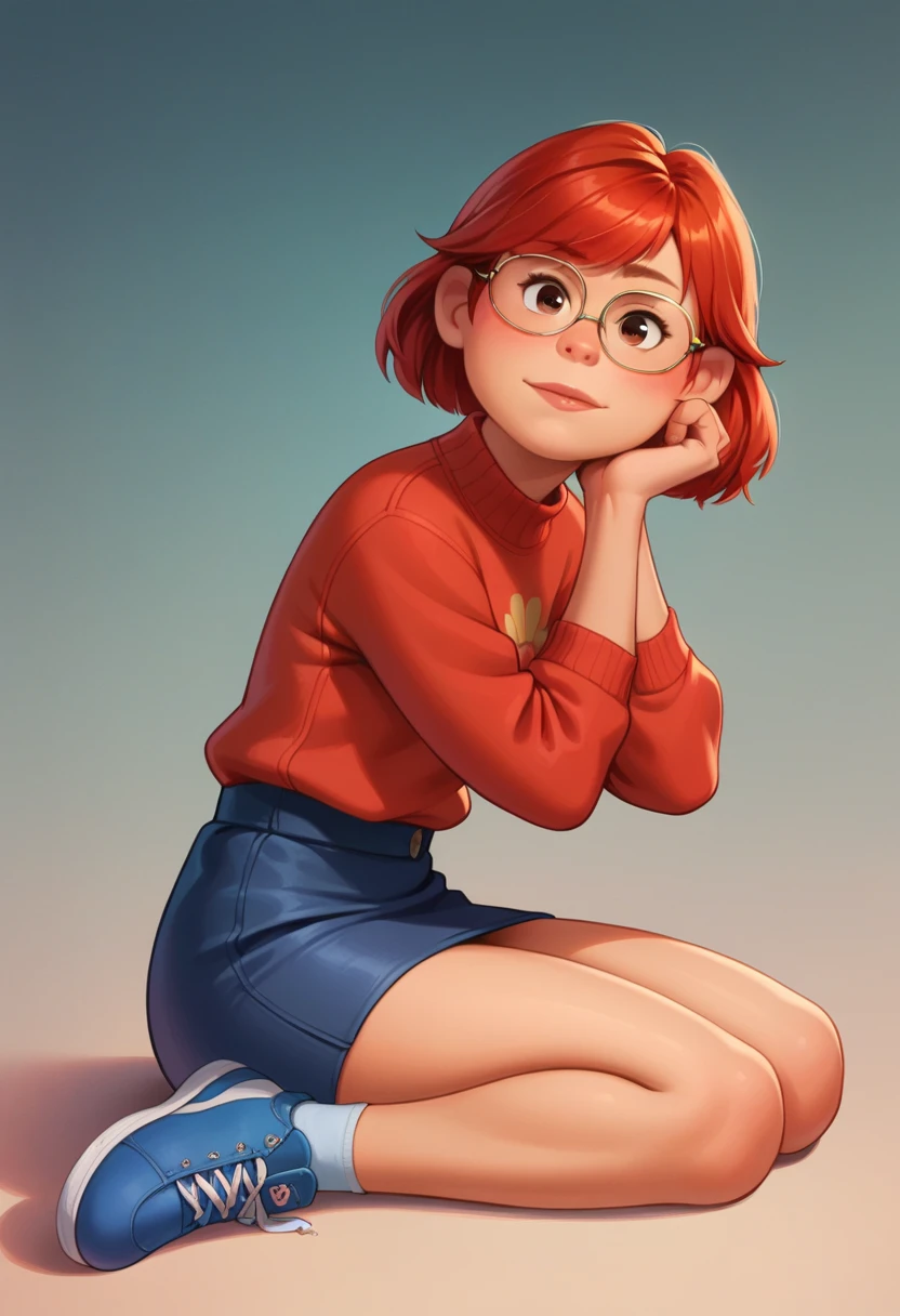 May Lee, Red hair, eyes browns, Tilt your head, cowboy shot, Thin glasses, blue flared skirt, ((red sweater)), bared shoulders, 1 girl, standing alone, ((Dark Blue Skirt), gazing at viewer, all-body, sitting down, pose, blue sneakers, best quality, no flaws