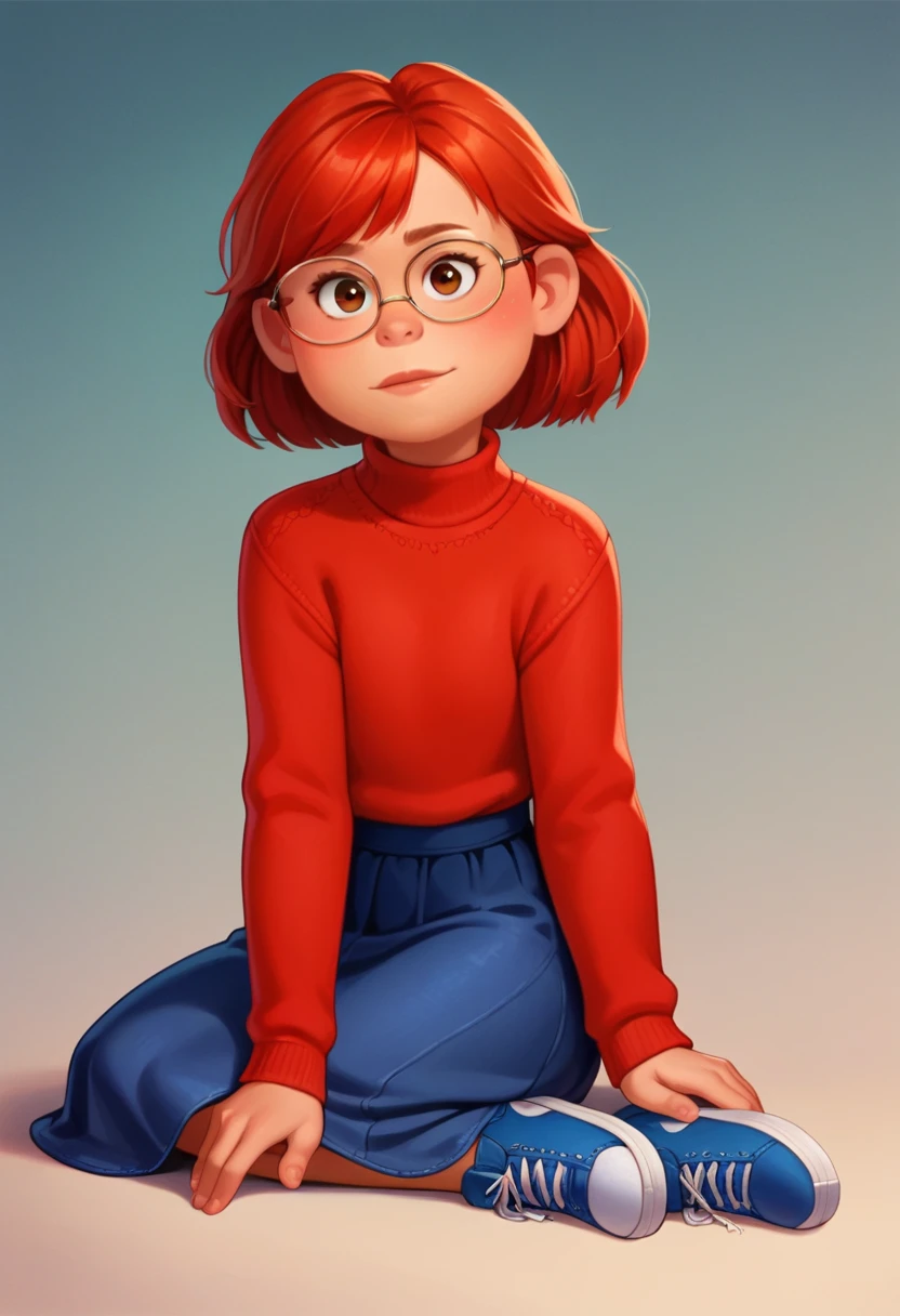 May Lee, Red hair, eyes browns, Tilt your head, cowboy shot, Thin glasses, blue flared skirt, ((red sweater)), bared shoulders, 1 girl, standing alone, ((Dark Blue Skirt), gazing at viewer, all-body, sitting down, pose, blue sneakers, best quality, no flaws