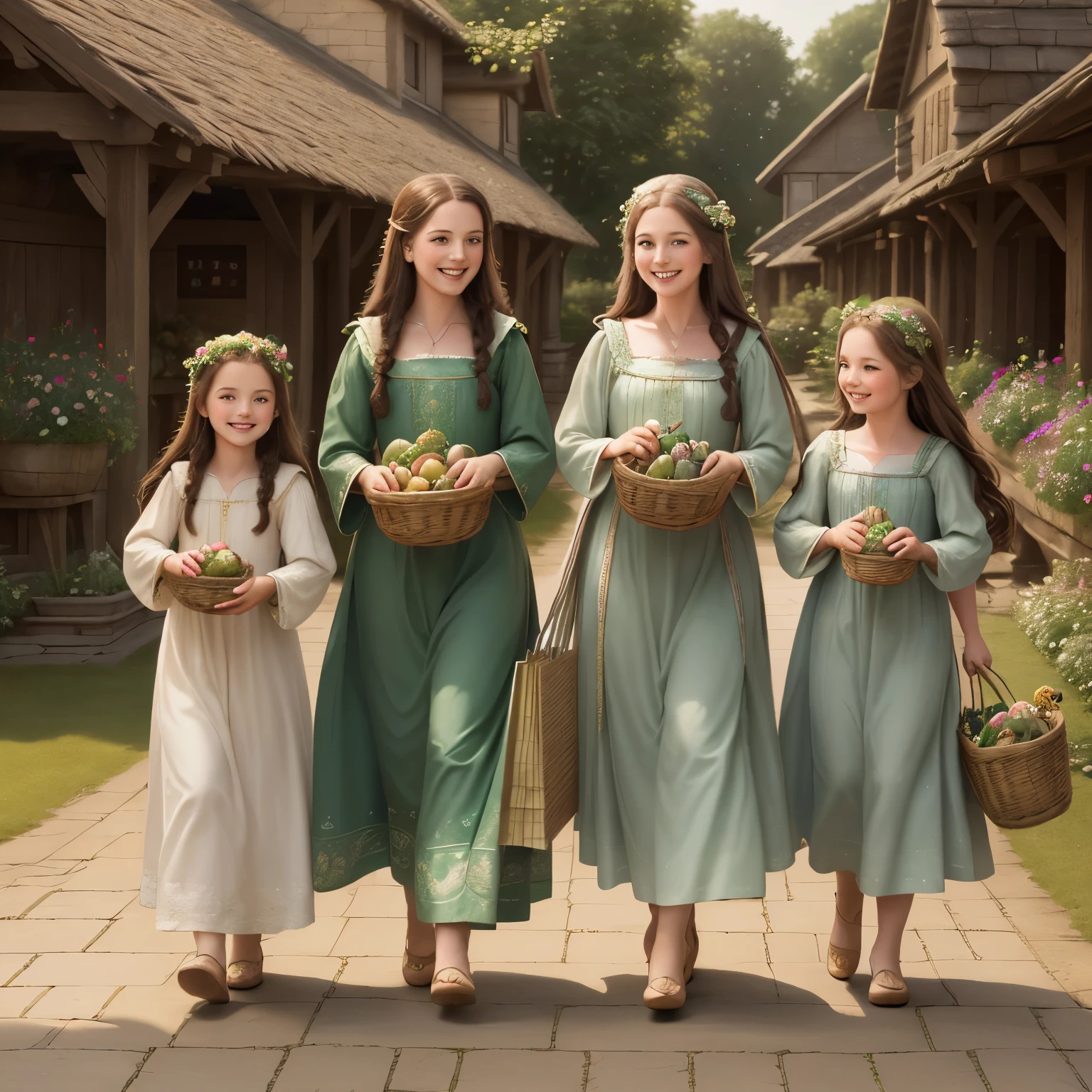 (high resolution: 1.2),Happy moment, medieval mother and 2 daughters, go shopping at village market, cheer, bunnies and duck, beautiful detailed eyes, lush green garden, long flowing hair, traditional medieval clothes, perfec face