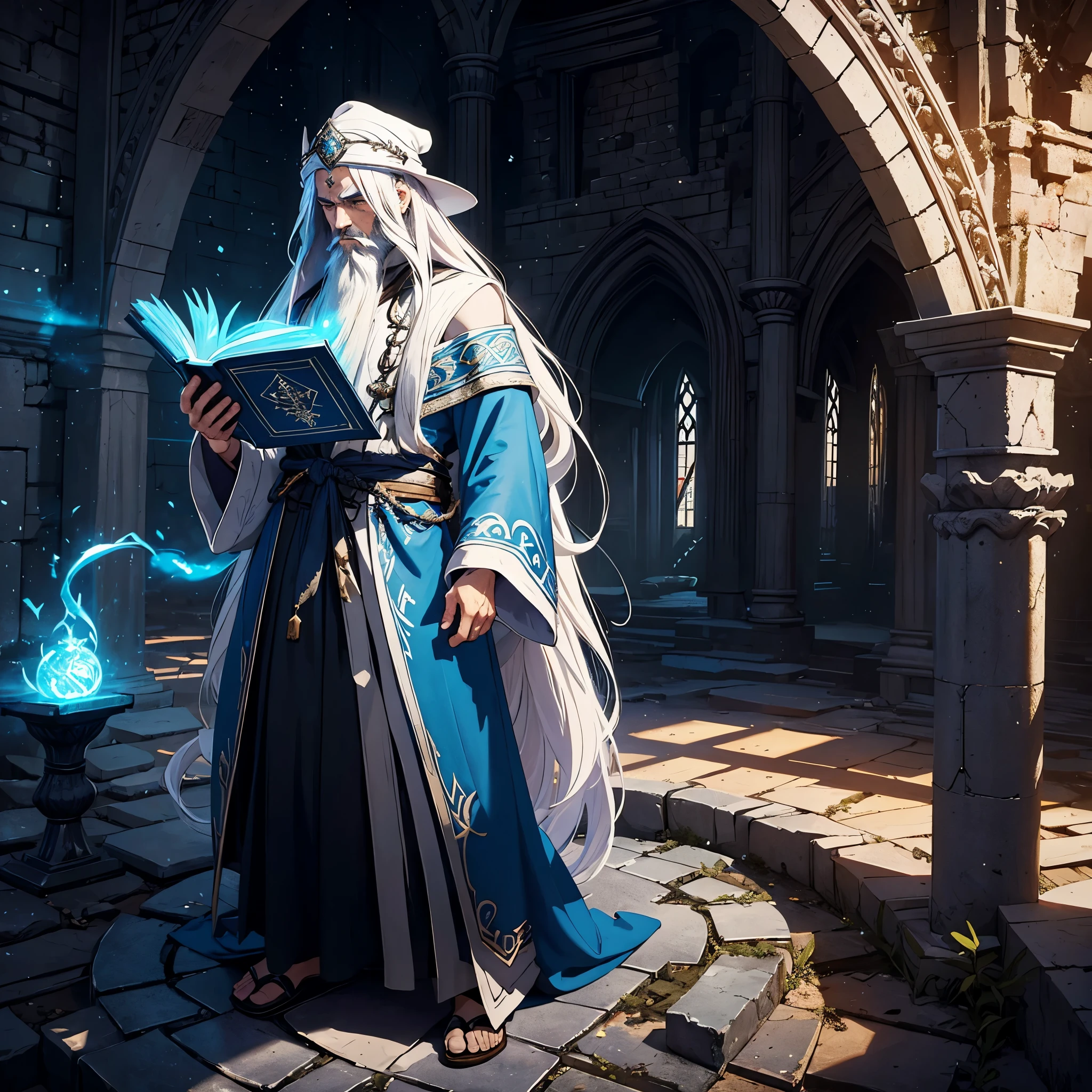 An young wizard with long flowing white hair and a beard, wearing intricate robes adorned with arcane symbols, wearing a blue pointy wizard hat adorned with runes. He stands in a hidden library among ruins, surrounded by ancient tomes and magical artifacts, with an aura of immense wisdom and mystical power, solo, full body, a giant black dragon in background
