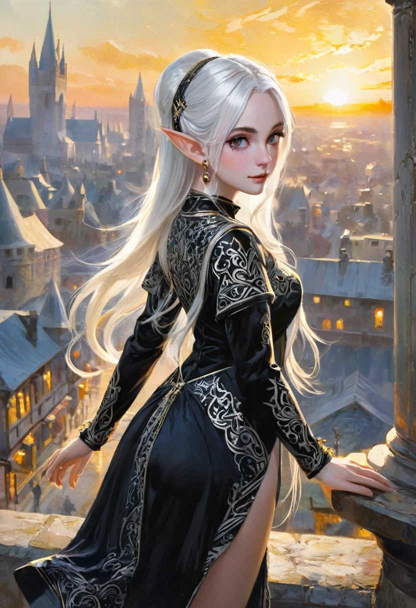 1 magician girl, expressive eyes, elf ear, white hair, black patterned clothes dress, mystical pose, big medieval city in sunset in background, detail richness, masterpiece, best quality