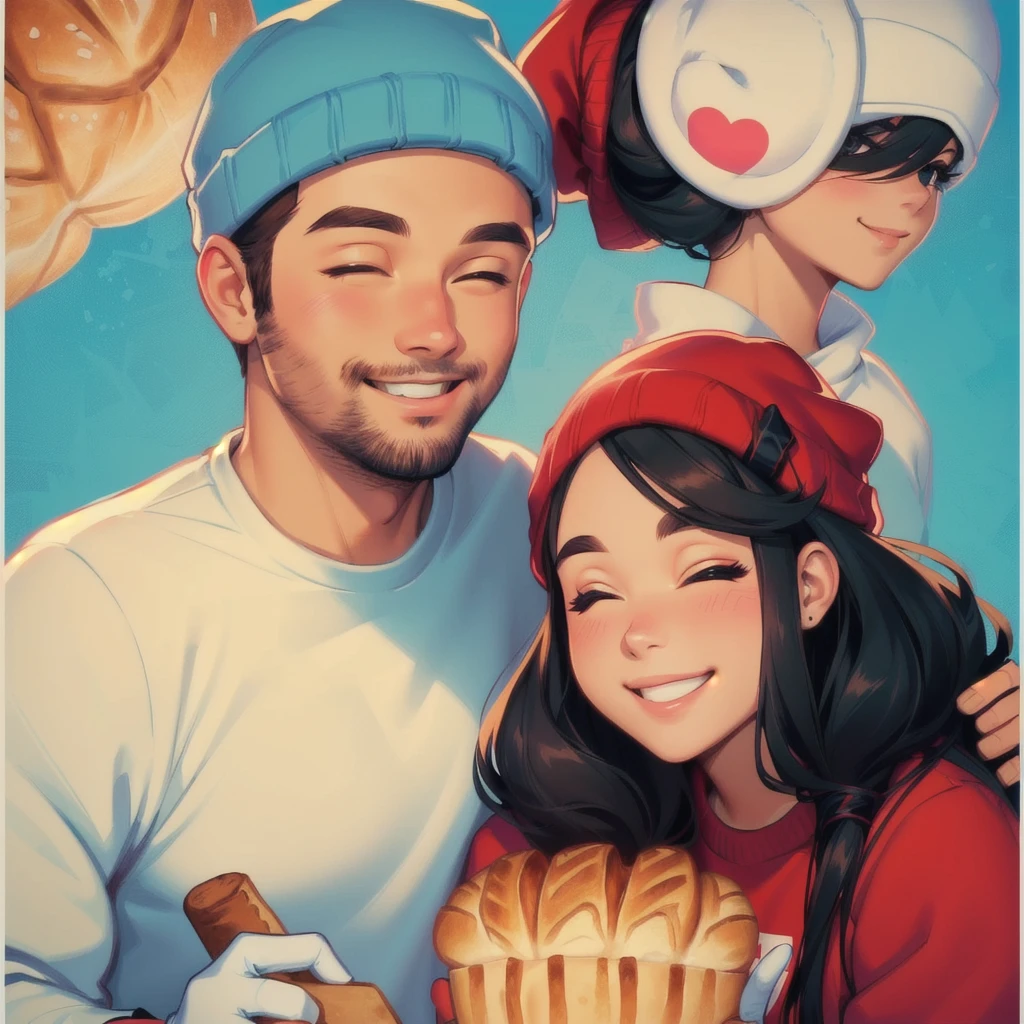 cute couple, happy birthday, gloves, friends, beanies, cartoon style, lineart, chubby girl, bread, 