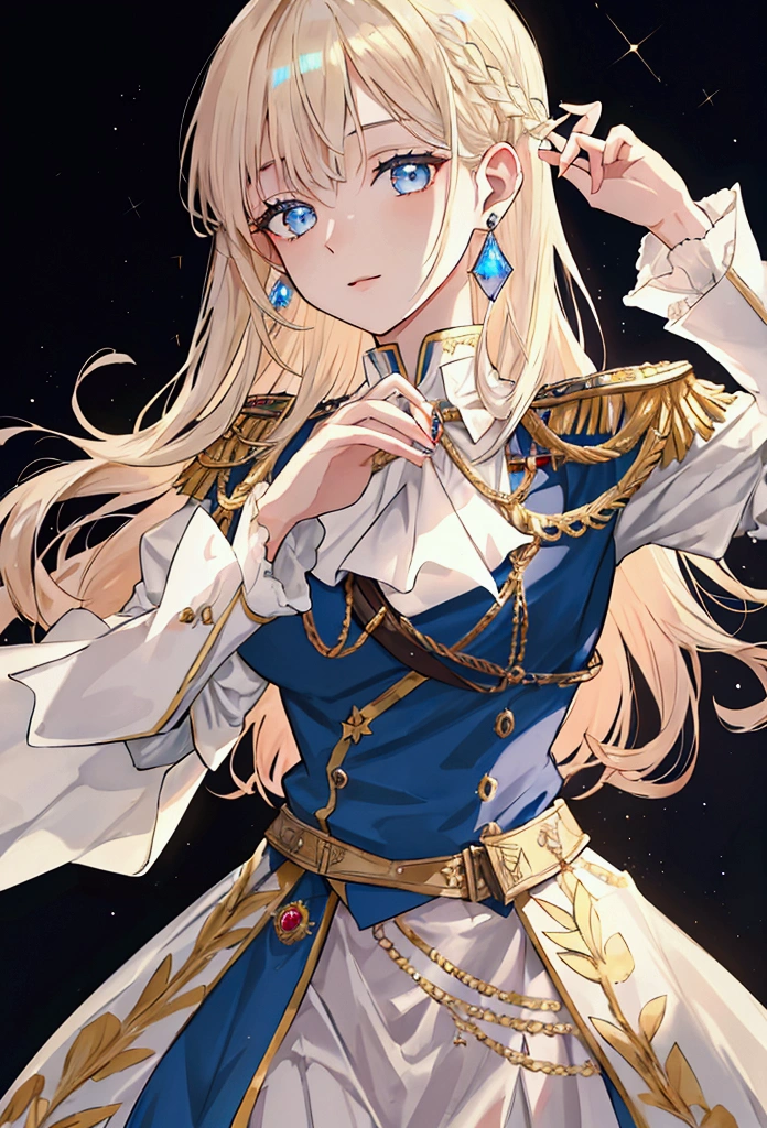 Victorian era, Military uniform, noble clothes, 1woman, queen, solo, medium shot, palace background, iridescent eyes, blond hair, glowing hair, earrings, jewelry, blue eyes, blurry background, blurry, hair ornament, looking at viewer, white glove, long hair, wavy hair,