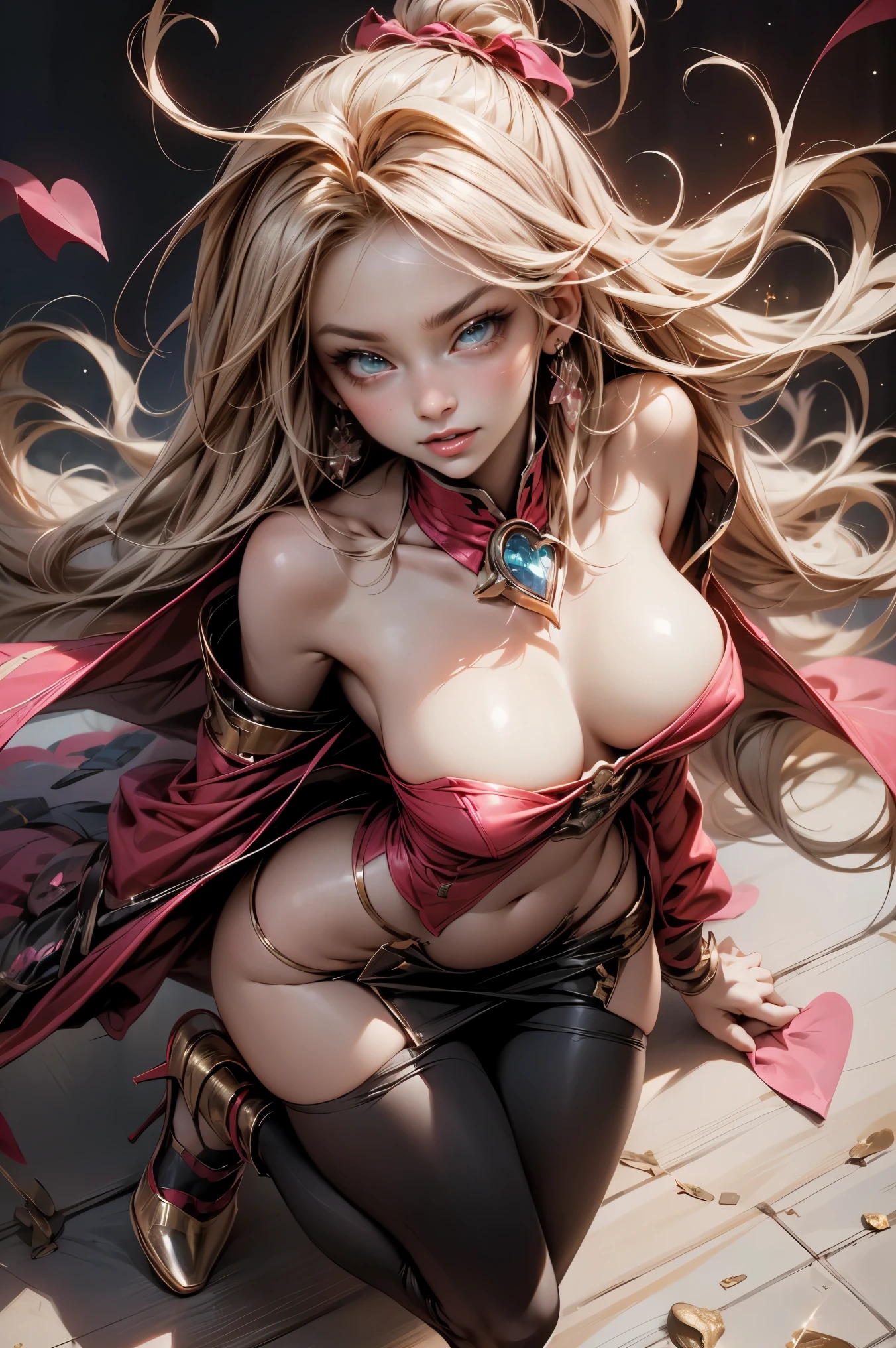 (masterpiece:1.2), (The best quality:1.2), perfect lighting, Dark Magician Girl casting a spell, in battle. floating in the air, visible tits. she is naked .from above, Sparkles, Yugioh game, The magic of the heart. LIGHTS OF THE HEART, romantic heart. She wears gold heels. In heels. heels