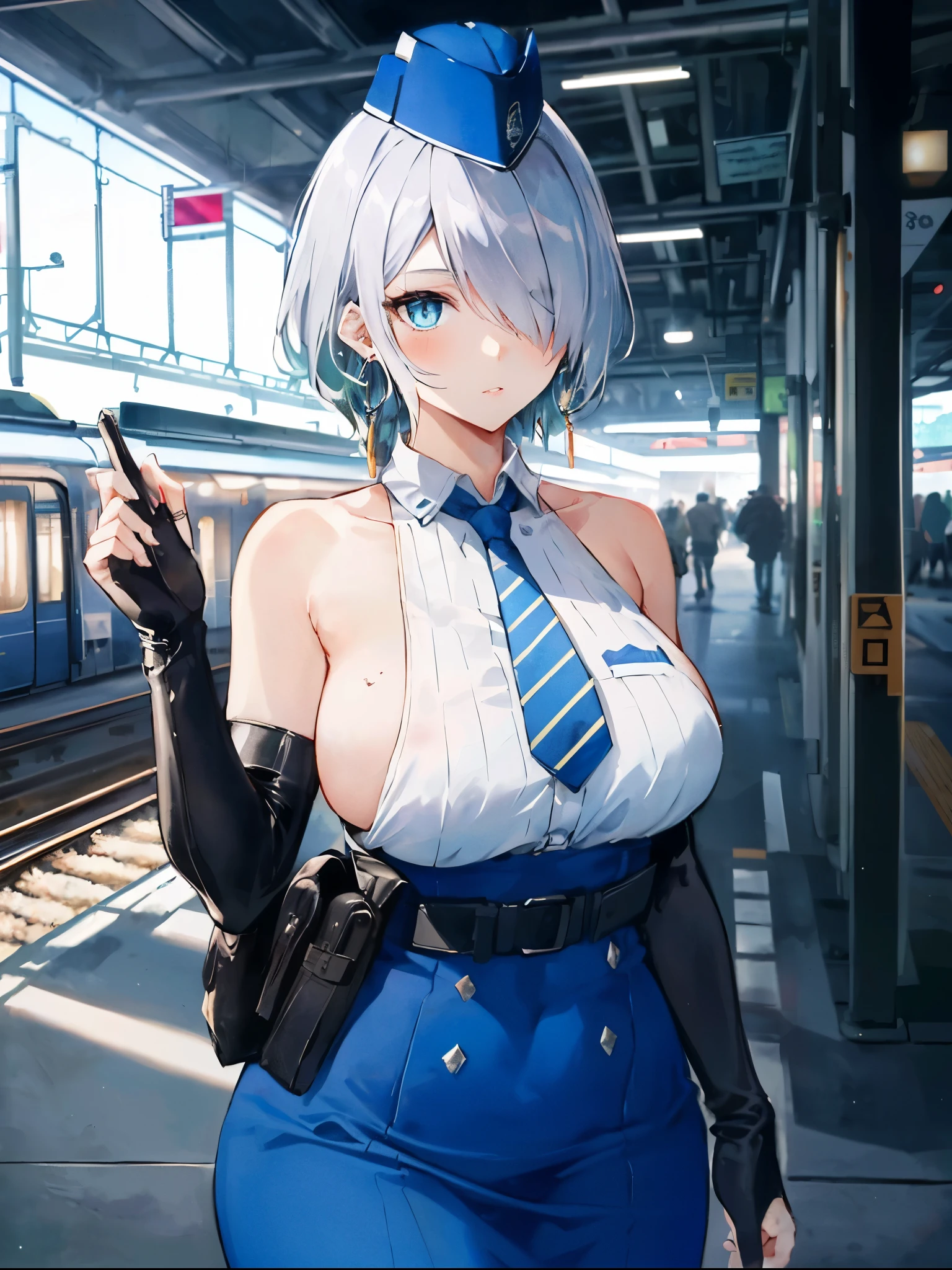 (masterpiece, best quality, ultra detailed, absurdres:1.5), 1girl, (sexy, beautiful woman, perfect face, perfect eyes, perfect female body, large breasts:1.5), (nikkebrid, white hair, low ponytail, hair over one eye, earrings, garrison cap, sleeveless shirt, long skirt, blue necktie, belt pouch, elbow gloves, high heel boots, ), (standing, indoors, train station), perfect lighting, smooth, hdr