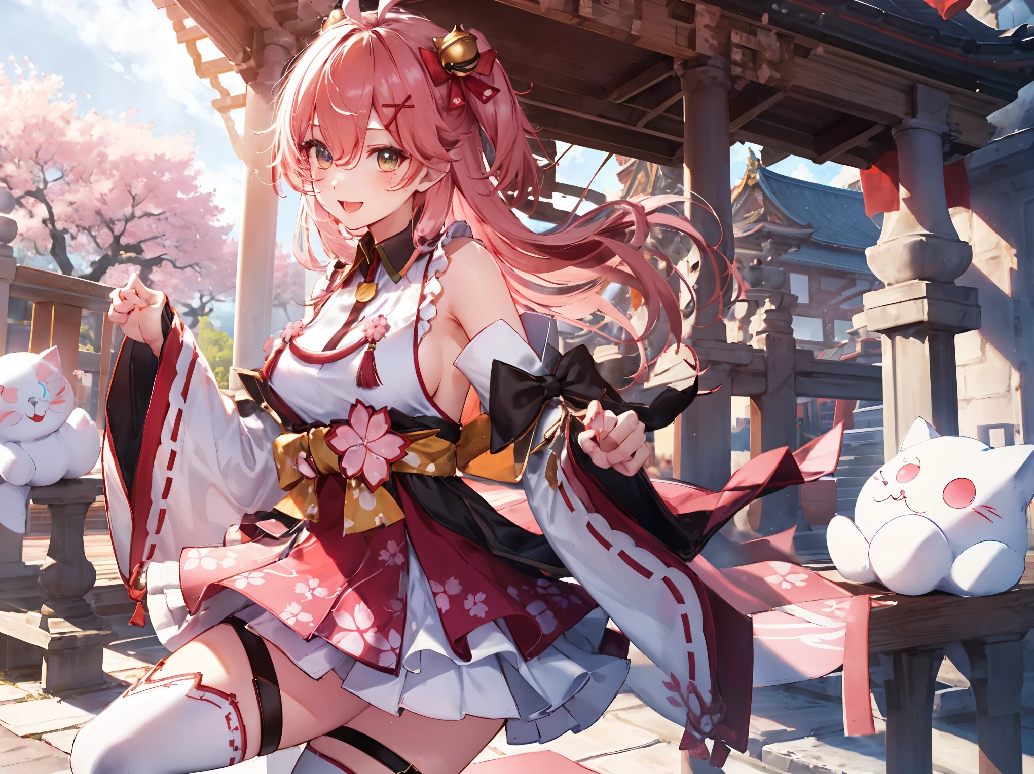 masterpiece, best quality, highres, miko1, sakura_miko, 1girl, big_boobs, solo, ahoge, x_hair_ornament, pink_hair, floral print, hairclip,(side_less_clothes:1.5), (side_boobs:1.5), hair_bell, floral print, long_hair, hair between eyes, one side up, white thighhighs, asymmetrical legwear, wide sleeves, open_mouth,(happy:1.3),gleen_eyes,big_smile,(rise_leg:1.3),plump,apart_legs,(overly_long_sleeves:1.3),),sleeves_past_wrists,hands_hidden_sleeves,sidelock_clothes,dynamic_posing,solo,hidden_wrists,(XD:1.4),covered_nipples,sunlight,cherryblossom_temple_landscape_background,