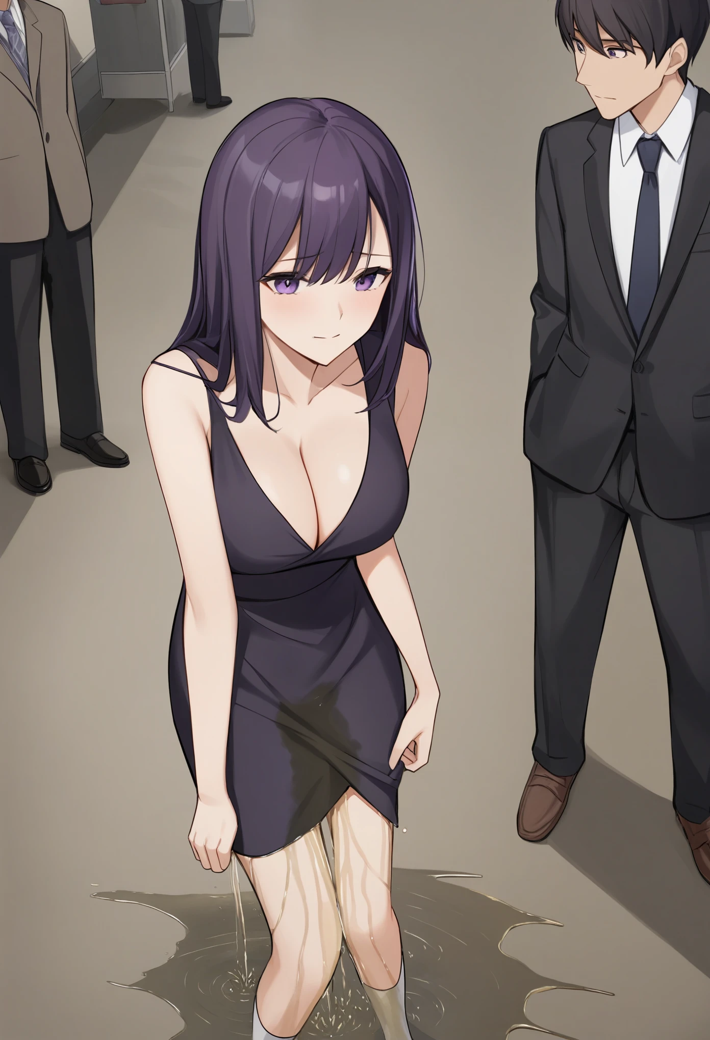 (Couple:1.5), A woman (1girl:1.5) with large breasts, lont dark purple hair and purple eyes wearing a very long and tight dress who desperately needs to pee (desperation:1.5), being pushed to her absolute limit until she can't hold it anymore until she pisses her pants (wetting herself:1.5), and a man (1boy:1.5) who also desperately needs to pee. Both the woman and than are each holding their crotch. There is a very tense and competitive atmosphere as they are having a contest to see who can hold their pee the longest.. The man does not wet himself.