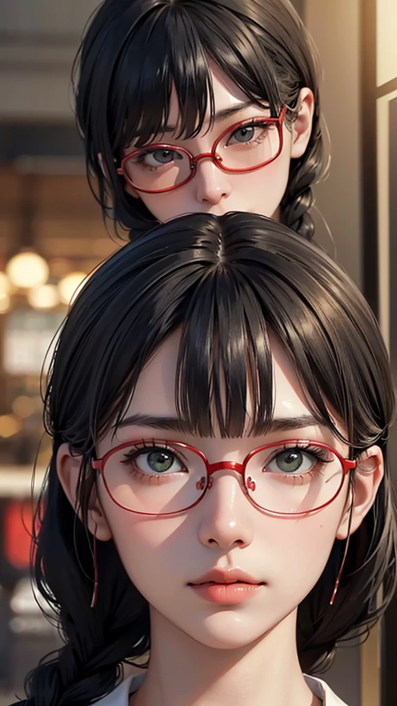 (highest resolution),(Not),((Maximum eye detail))(Beautiful picture),medium distance photography,(Maximum eye detail)),Sci-fi movie poster,(Small chest),(สไตล์ภาพscience fiction),(best quality),(Masterpiece),((face contrast)),(Depth details of the face),(Maximum face detail),((Realistic faces)),(Maximum facial resolution),high level,important person,adult,east asian woman, shape,black hair,((Bangs 1.3 )),(double braid hairstyle),green eyes,((red glasses)),woman&#39;s face,(tall military uniform),Details of the general&#39;s uniform,long skirt,white coat,future,science fiction,(( standing on the flight deck)),air force base, warplane