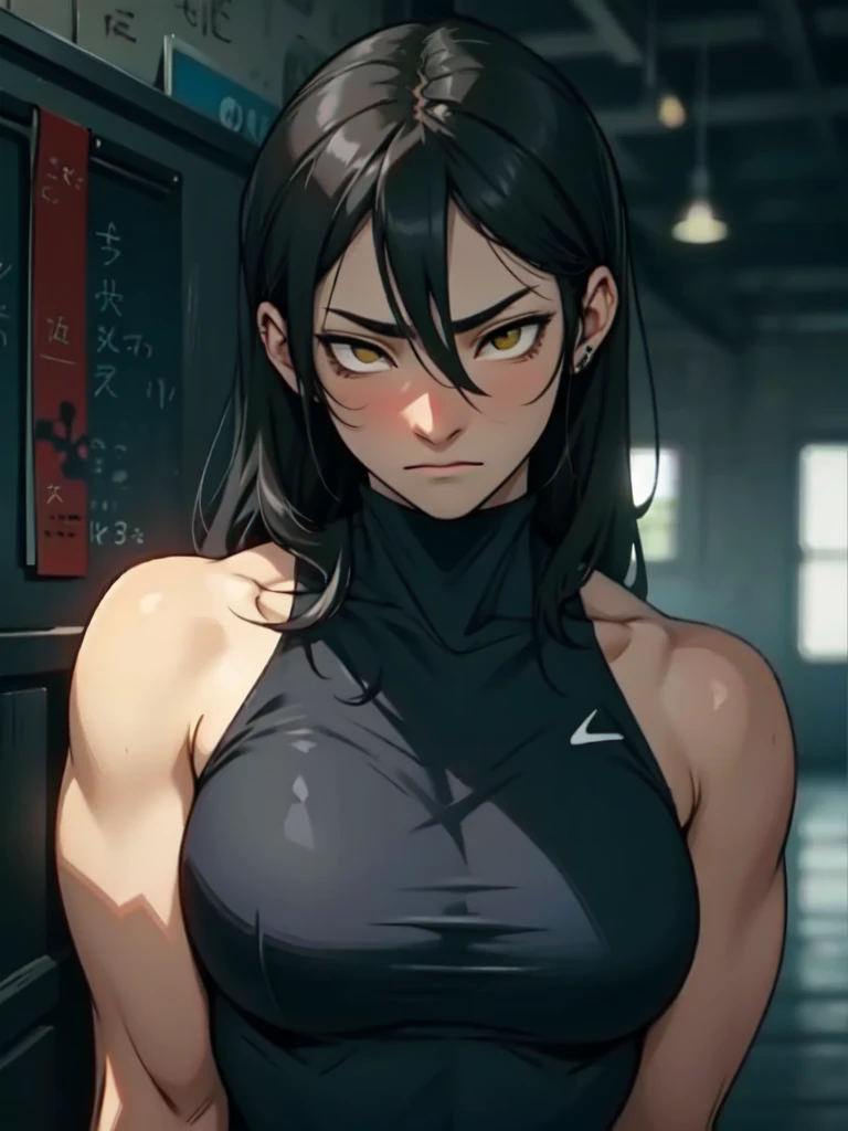 empty eyes embarrassed black hair yellow eyes pale skin muscular girl breasts