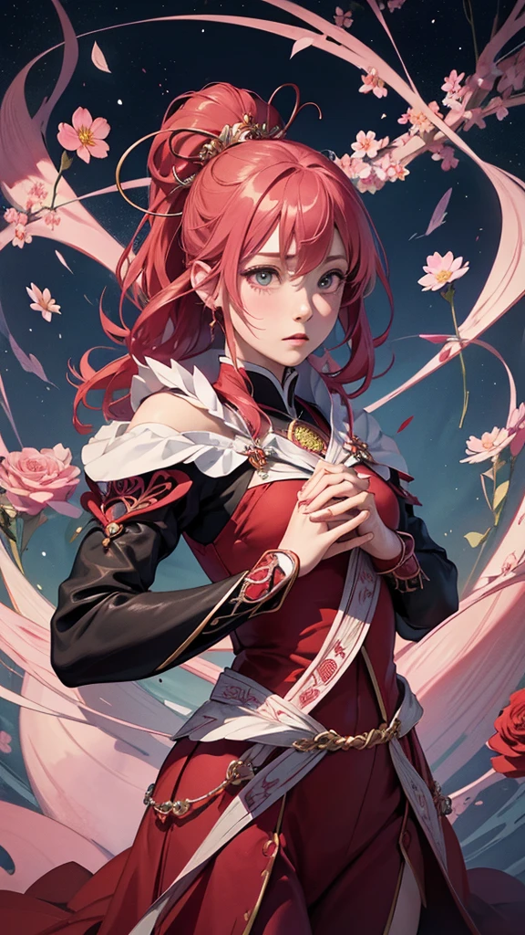 Official Art, unity 8k wallpaper, Very detailedな, Beautiful yet fleeting、beautiful, masterpiece, Highest quality, Japanese style,Red Rose (zenTangle, Mandala, Tangle, enTangle), Flower Ecstasy,((Sakura Kyoko)) (Praying with hands together)One Girl, Very detailed, Dynamic Angle, Cowboy Shot, The most beautiful form of chaos, ((Magical girlまどか☆マギカ)).elegant, Brutalist Design, Vibrant colors, Romanticism, James Jean, Robbie Dawi Anton, Ross Tran, Francis Bacon, It was very cold, Petra Cortright, Gerhard Richter, takato yamamoto, Ashley Wood, Atmospheric,Red dress、Red long hair、Magical girl、Adrianne&#39;genius((Big Breasts、Nipples))((black thong))