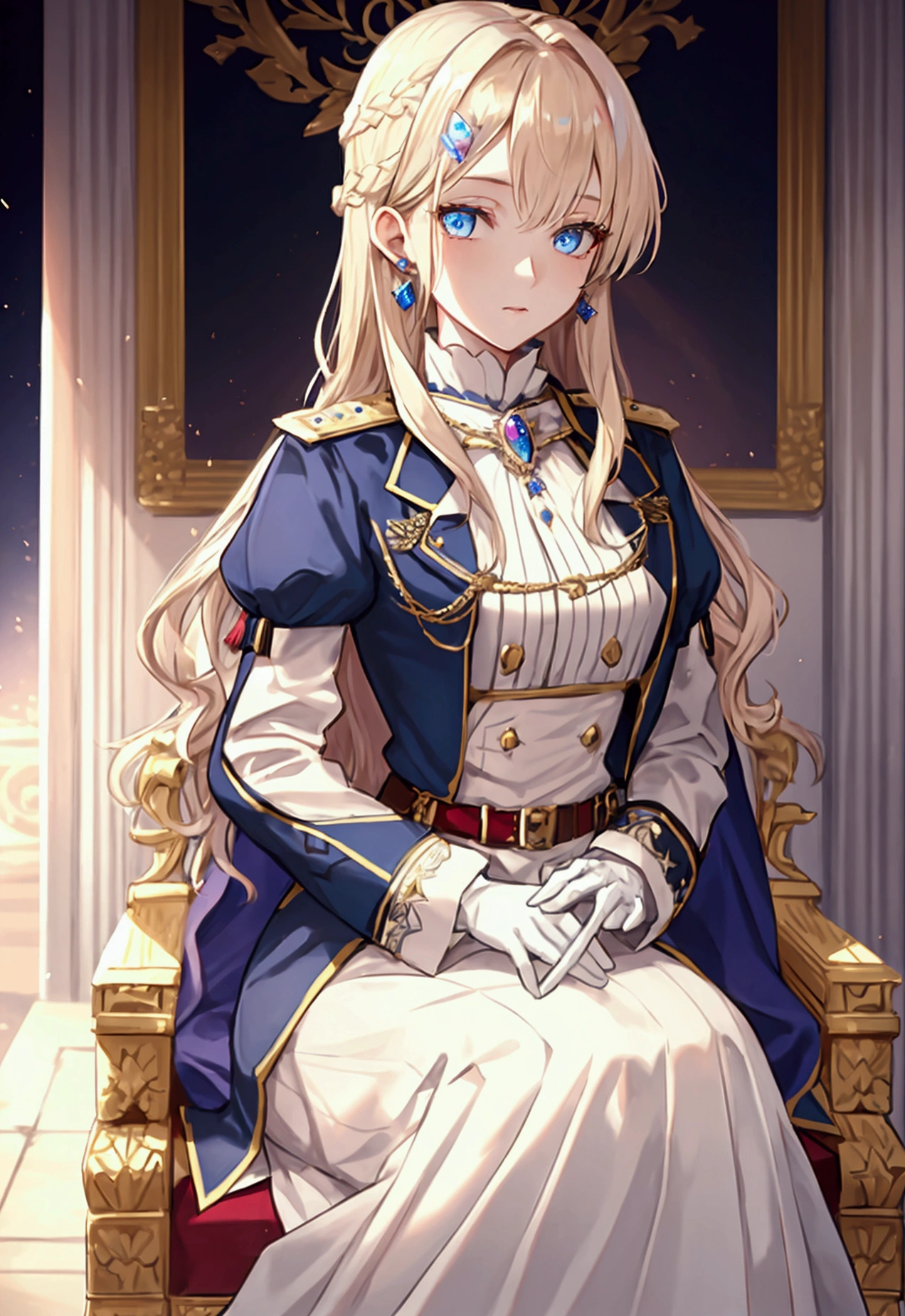 Victorian era, Military uniform, noble clothes, 1woman, queen, solo, medium shot, palace background, iridescent eyes, blond hair, glowing hair, earrings, jewelry, blue eyes, blurry background, blurry, hair ornament, looking at viewer, white glove, long hair, wavy hair,