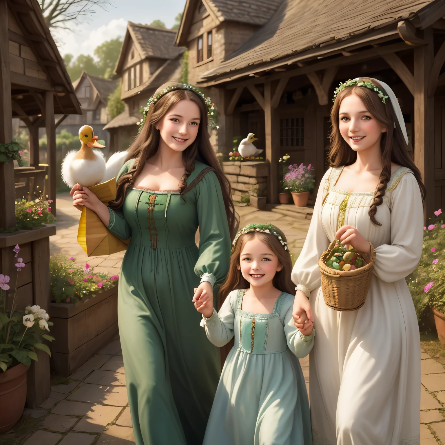 (high resolution: 1.2),Happy moment, medieval mother and 2 daughters, go shopping at village market, cheer, bunnies and duck, beautiful detailed eyes, lush green garden, long flowing hair, traditional medieval clothes, perfec face