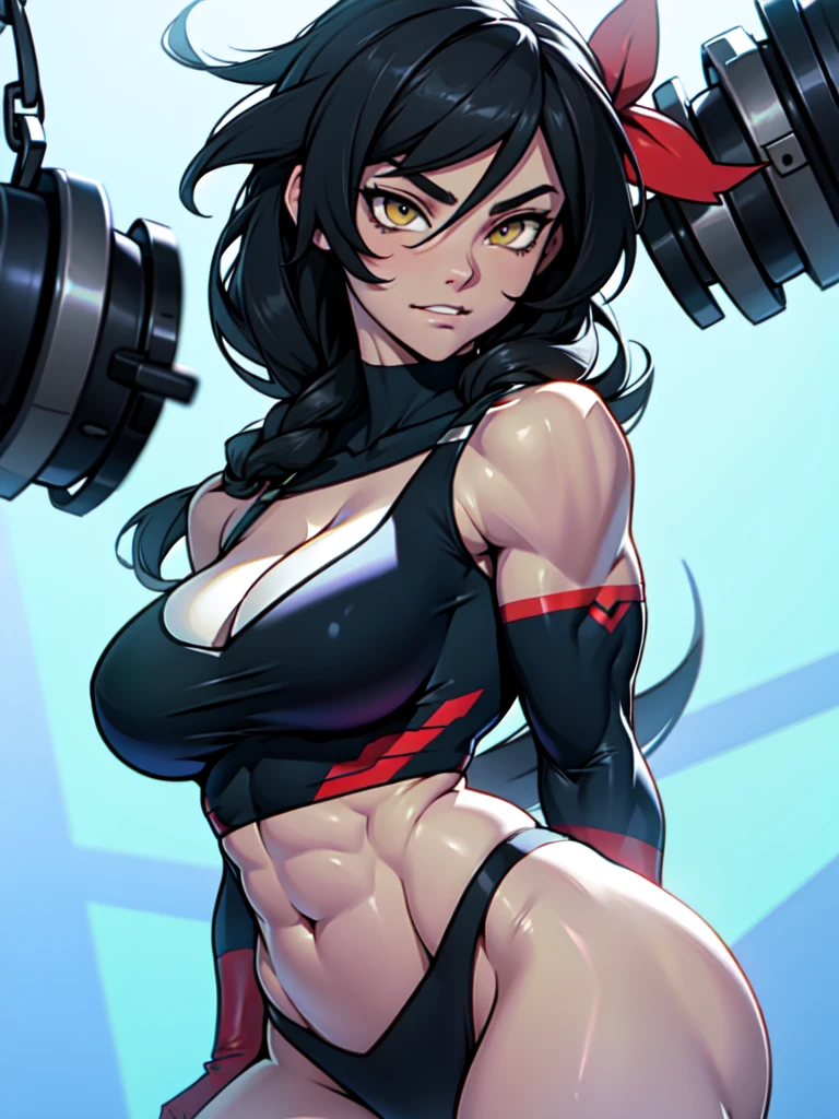 joyful gleaming eyes black hair yellow eyes pale skin sharp focus muscular girl massive breasts muscular girl solo perfect anatomy