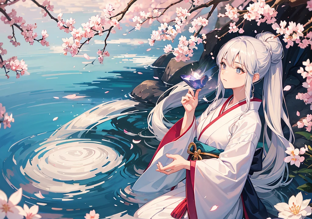 "A female anime character dressed in a traditional light-colored Japanese kimono, with long silver hair tied up in a high bun. Her eyes are bright light blue, with a supernatural touch. She is in a Japanese garden with cherry blossoms falling around, reflected in the water. The character carries a katana at her waist, giving the impression of being a warrior. Elements of ice or energy emanate from her hair and eyes, adding a mystical aura to her presence. The scene should have a serene and calm atmosphere, with soft lighting and realistic details."